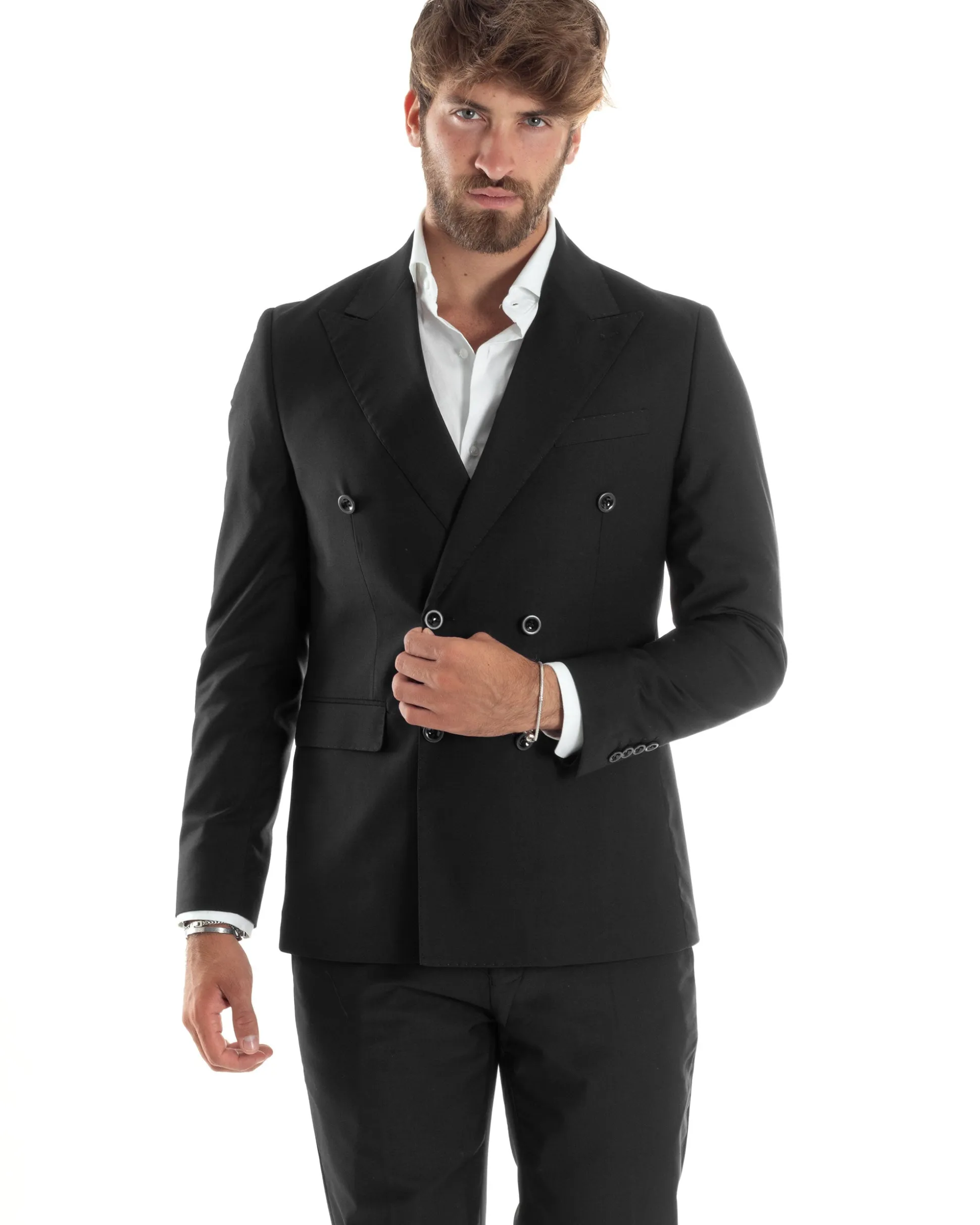 Abito uomo doppiopetto completo viscosa giacca pantaloni elegante nero GIOSAL-AE1065A