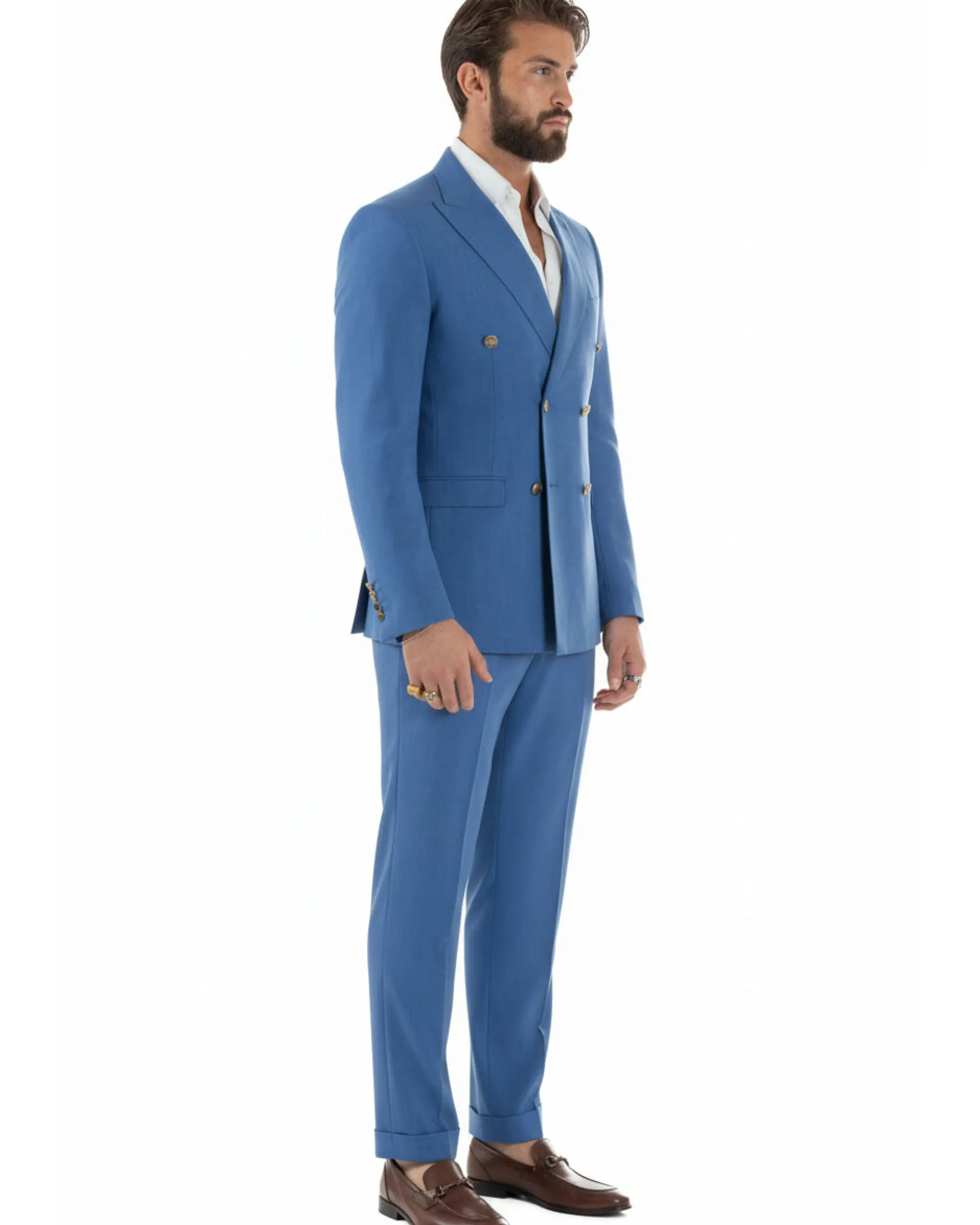 Abito uomo doppiopetto completo giacca pantaloni bottoni metallo blu royal melangiato GIOSAL-AE1204A