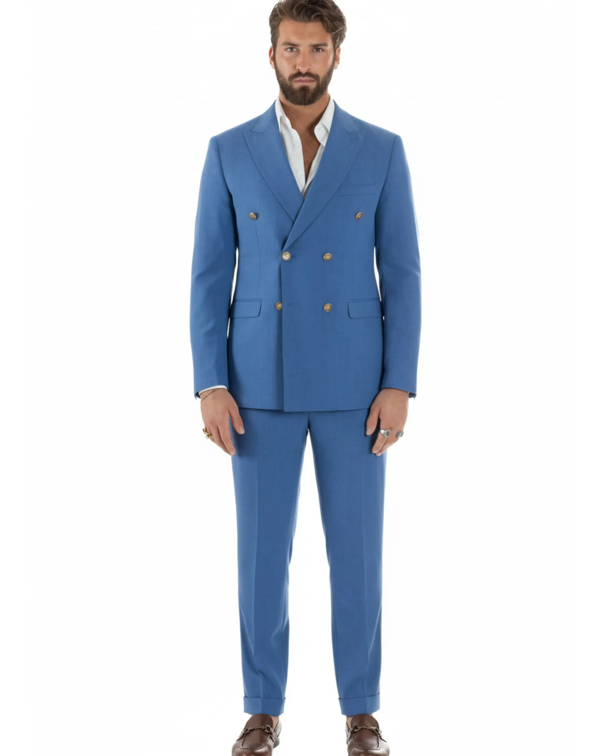 Abito uomo doppiopetto completo giacca pantaloni bottoni metallo blu royal melangiato GIOSAL-AE1204A