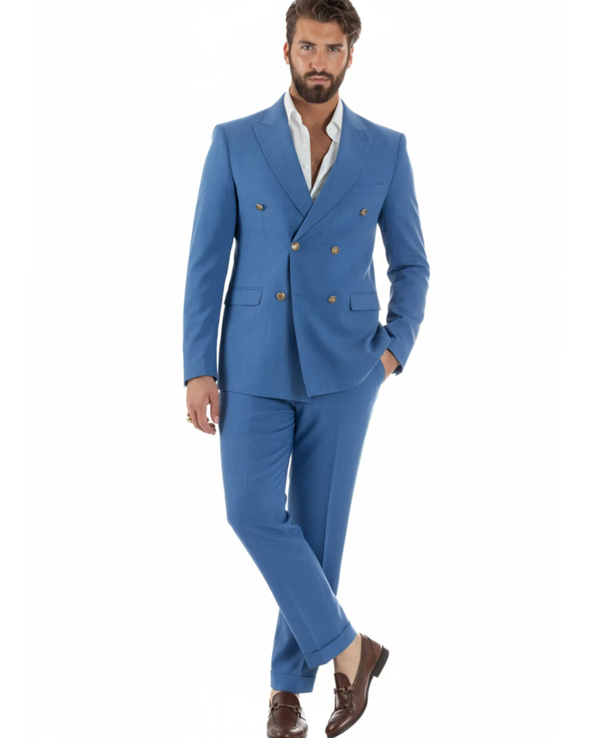 Abito uomo doppiopetto completo giacca pantaloni bottoni metallo blu royal melangiato GIOSAL-AE1204A