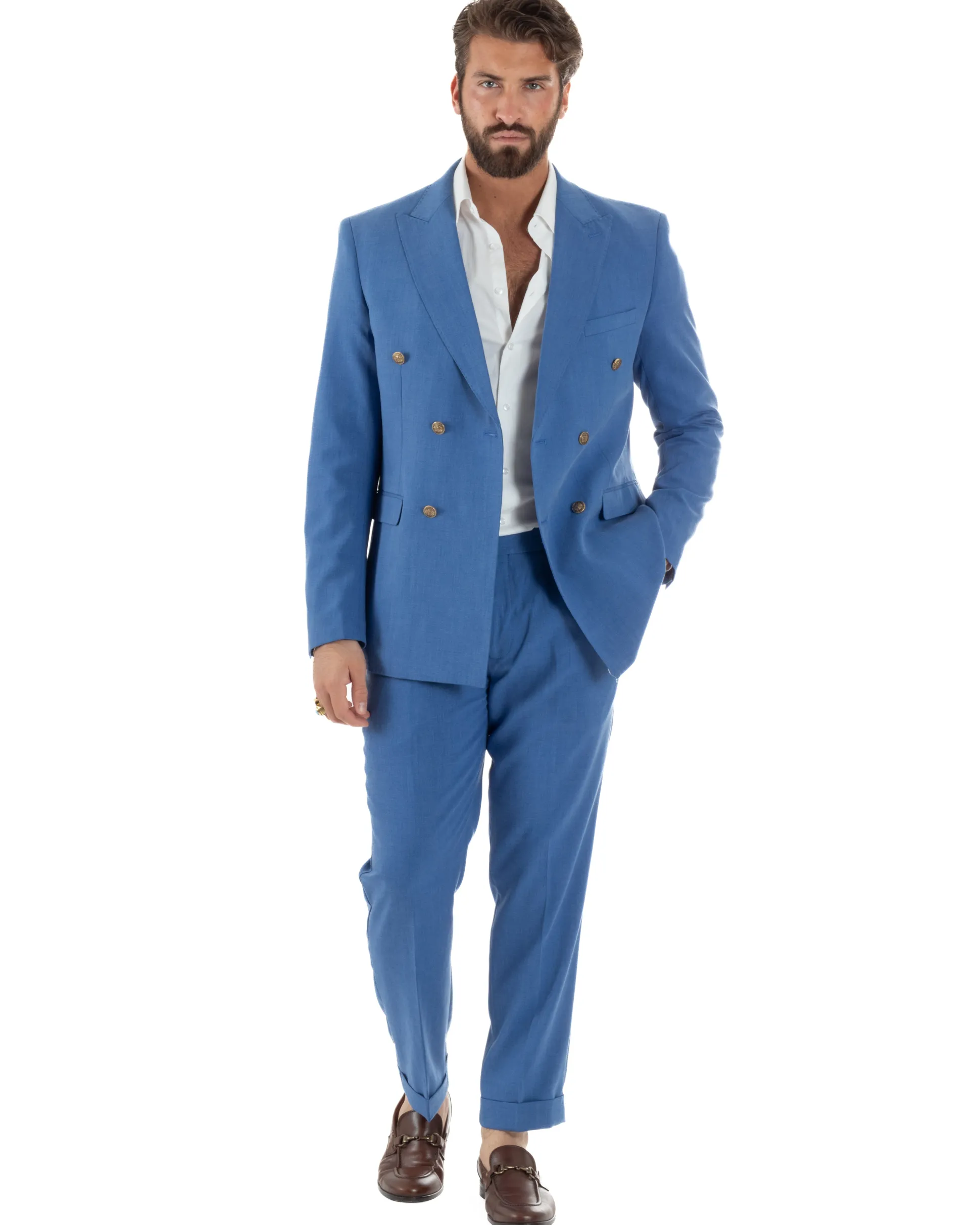 Abito uomo doppiopetto completo giacca pantaloni bottoni metallo blu royal melangiato GIOSAL-AE1204A
