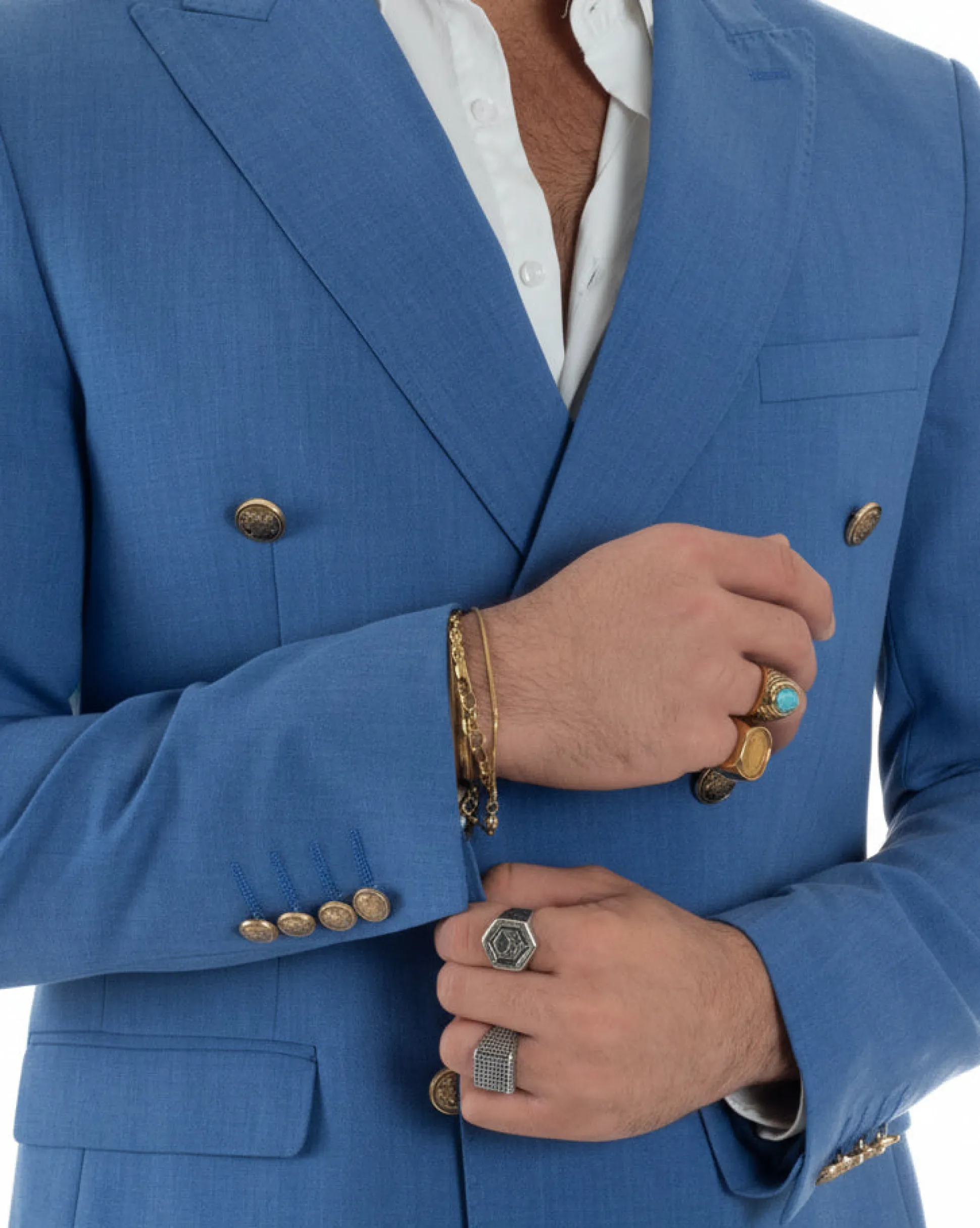 Abito uomo doppiopetto completo giacca pantaloni bottoni metallo blu royal melangiato GIOSAL-AE1204A