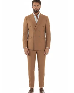 Abito uomo doppiopetto completo giacca pantaloni bottoni metallo camel melangiato GIOSAL-AE1205A