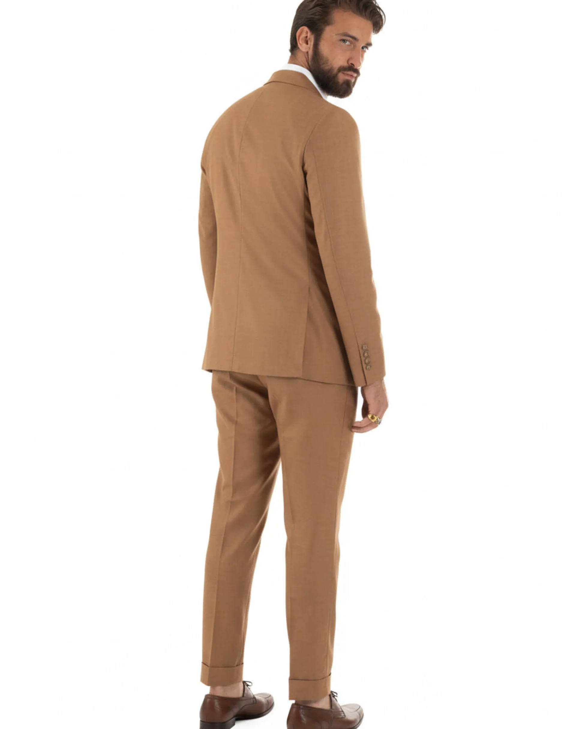 Abito uomo doppiopetto completo giacca pantaloni bottoni metallo camel melangiato GIOSAL-AE1205A
