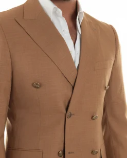 Abito uomo doppiopetto completo giacca pantaloni bottoni metallo camel melangiato GIOSAL-AE1205A