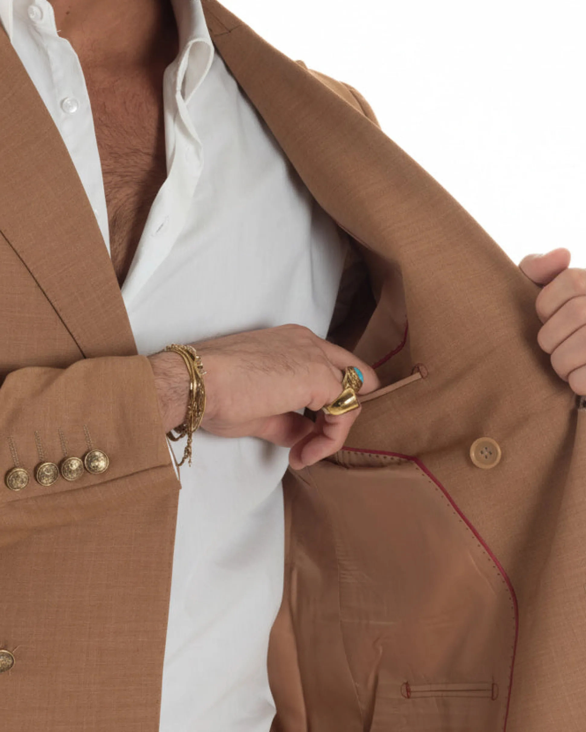 Abito uomo doppiopetto completo giacca pantaloni bottoni metallo camel melangiato GIOSAL-AE1205A