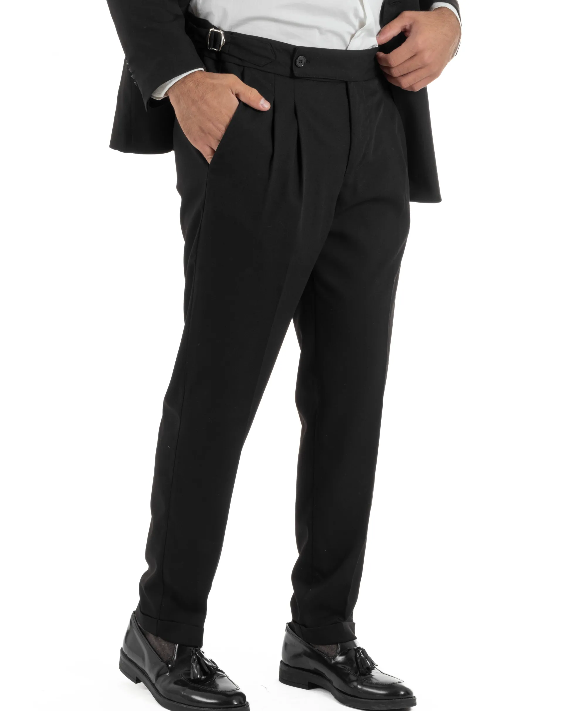 Abito uomo doppiopetto completo giacca pantaloni fibbia pinces nero GIOSAL-AE1249A