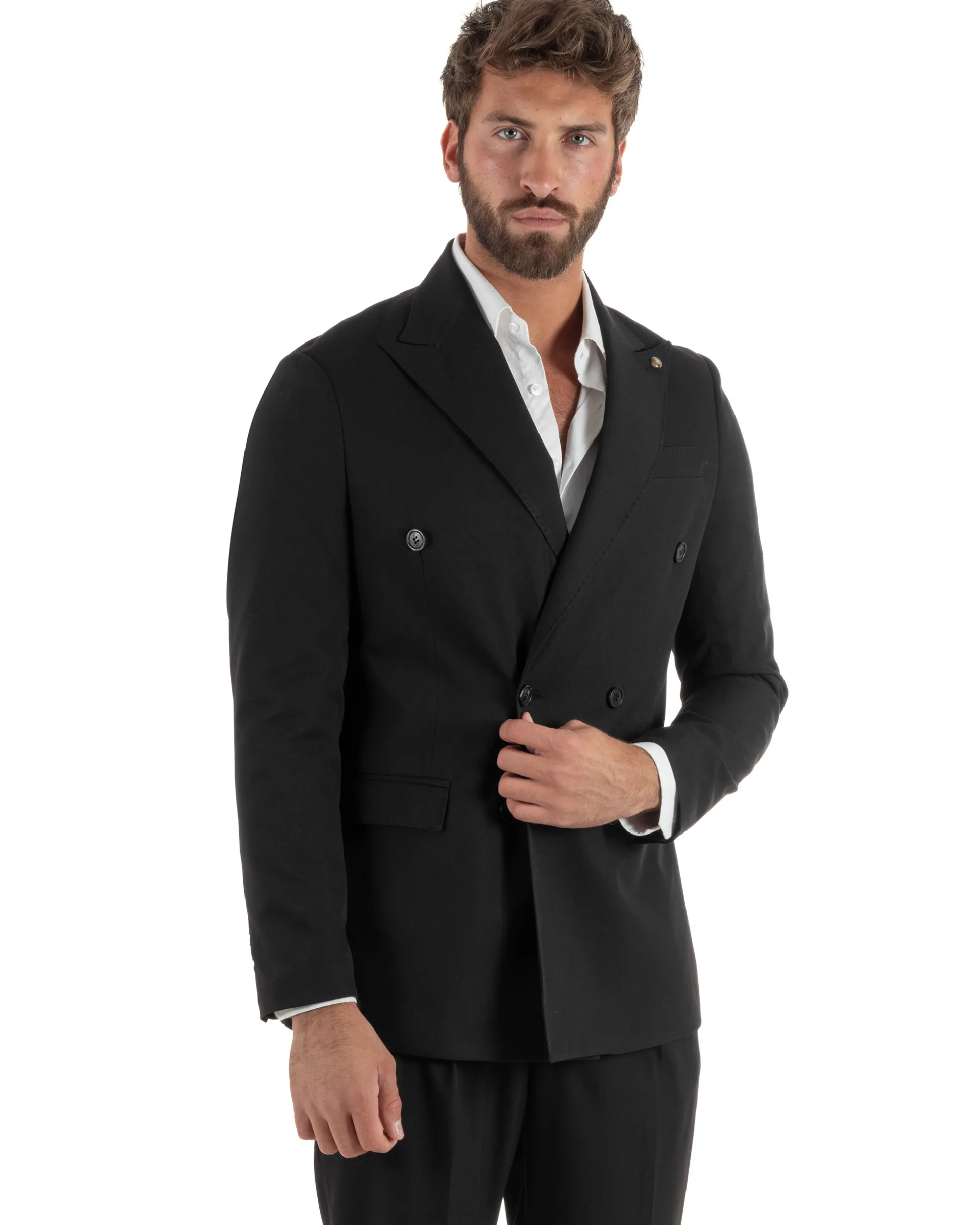 Abito uomo doppiopetto completo giacca pantaloni fibbia pinces nero GIOSAL-AE1249A