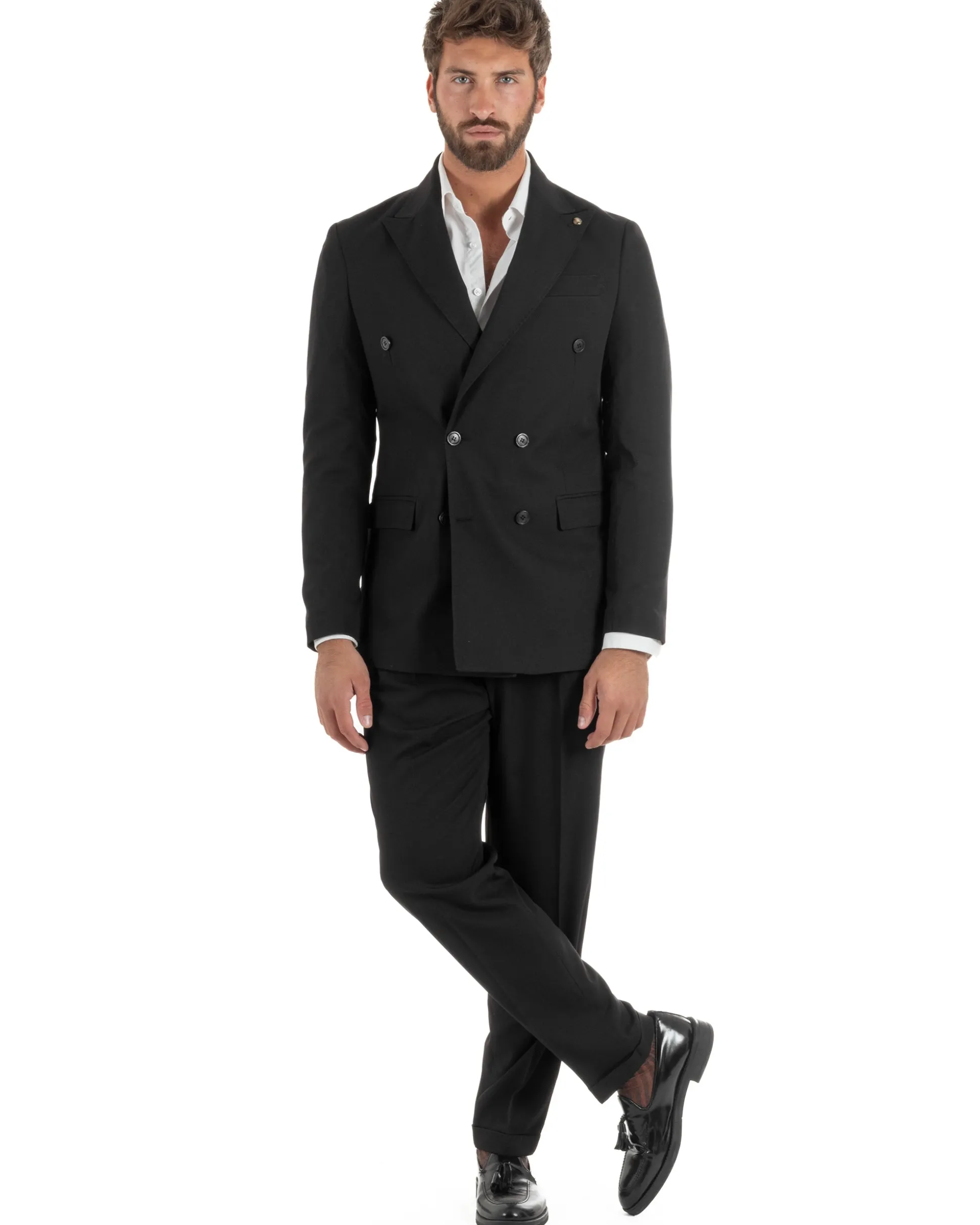 Abito uomo doppiopetto completo giacca pantaloni fibbia pinces nero GIOSAL-AE1249A