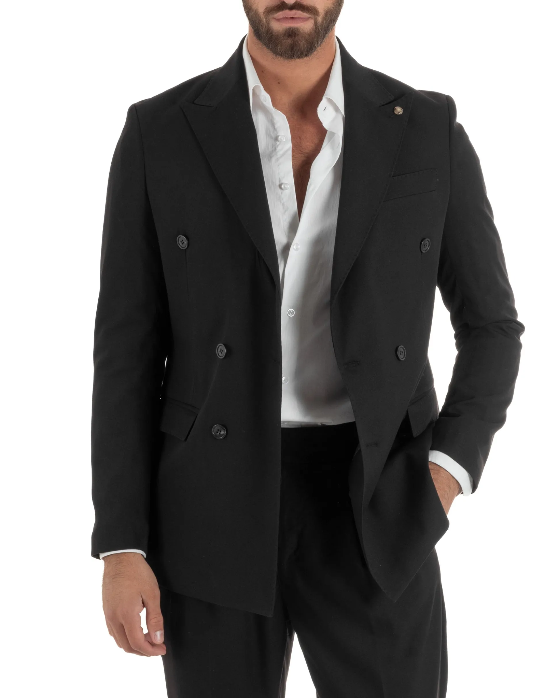 Abito uomo doppiopetto completo giacca pantaloni fibbia pinces nero GIOSAL-AE1249A