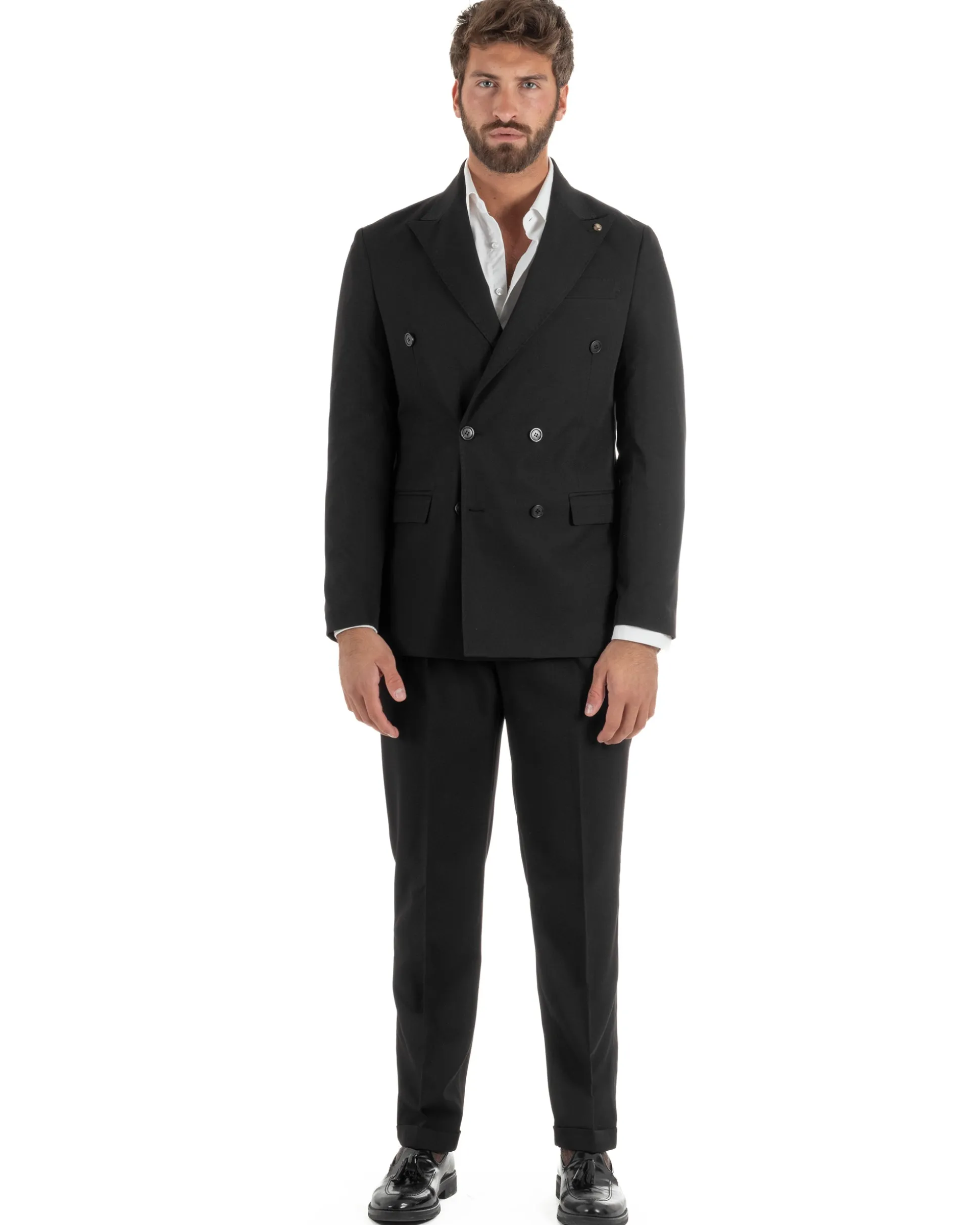Abito uomo doppiopetto completo giacca pantaloni fibbia pinces nero GIOSAL-AE1249A