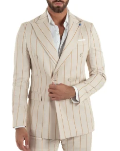 Abito uomo doppiopetto completo gessato giacca pantaloni riga larga beige GIOSAL-AE1257A