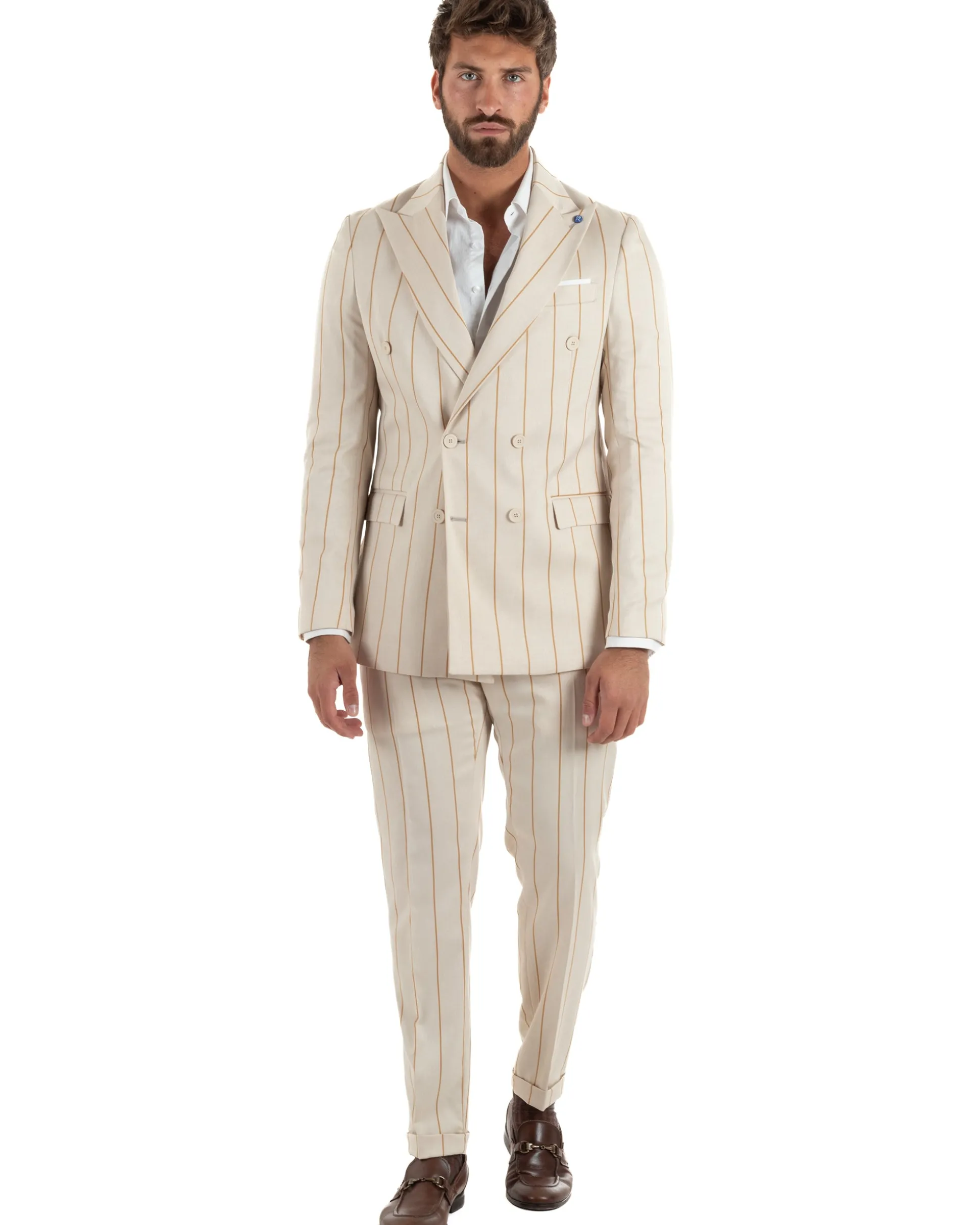 Abito uomo doppiopetto completo gessato giacca pantaloni riga larga beige GIOSAL-AE1257A