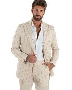 Abito uomo doppiopetto completo gessato giacca pantaloni riga larga beige GIOSAL-AE1257A