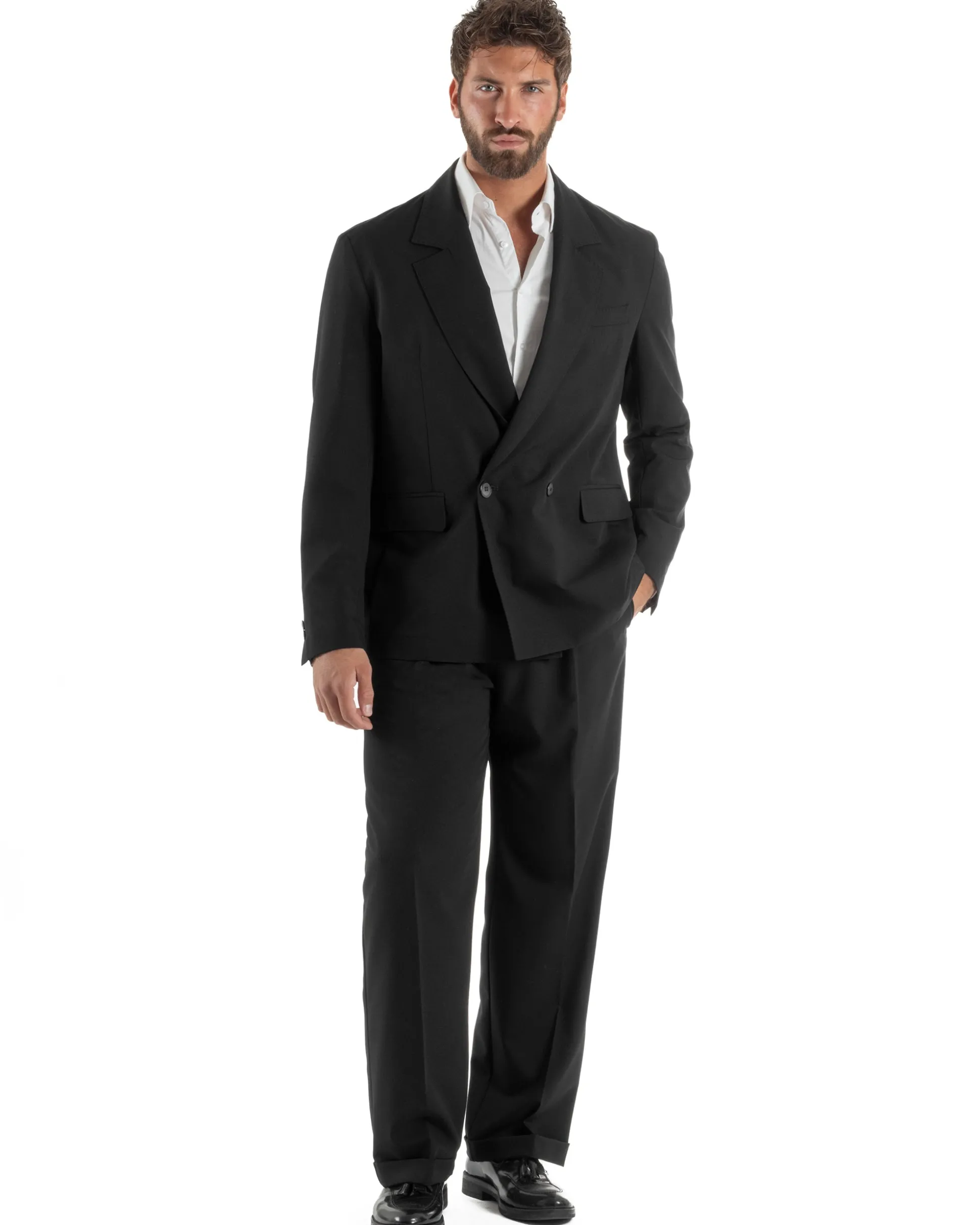 Abito uomo doppiopetto completo giacca 2 bottoni pantaloni baggy nero BlackSunday AE1263A