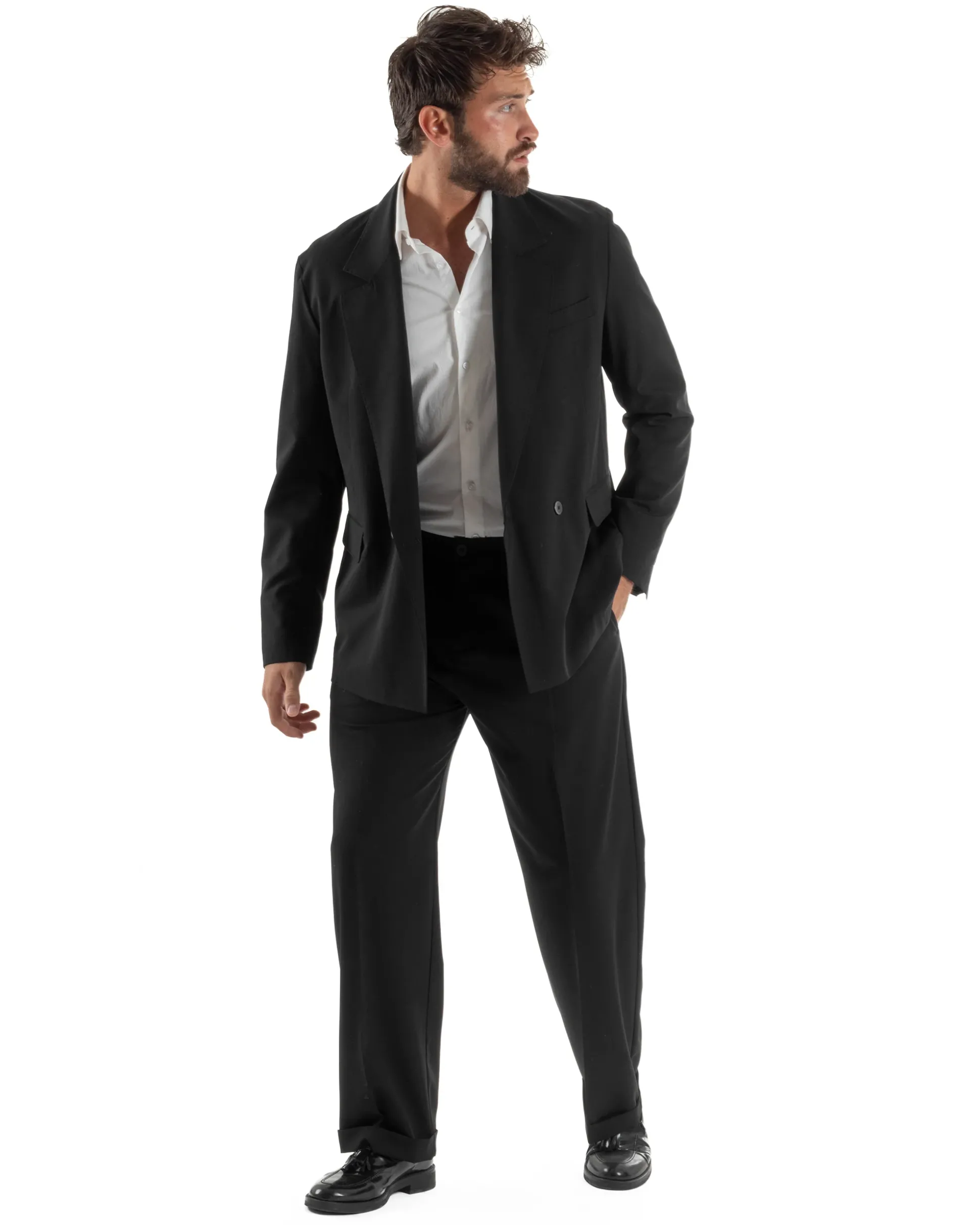 Abito uomo doppiopetto completo giacca 2 bottoni pantaloni baggy nero BlackSunday AE1263A