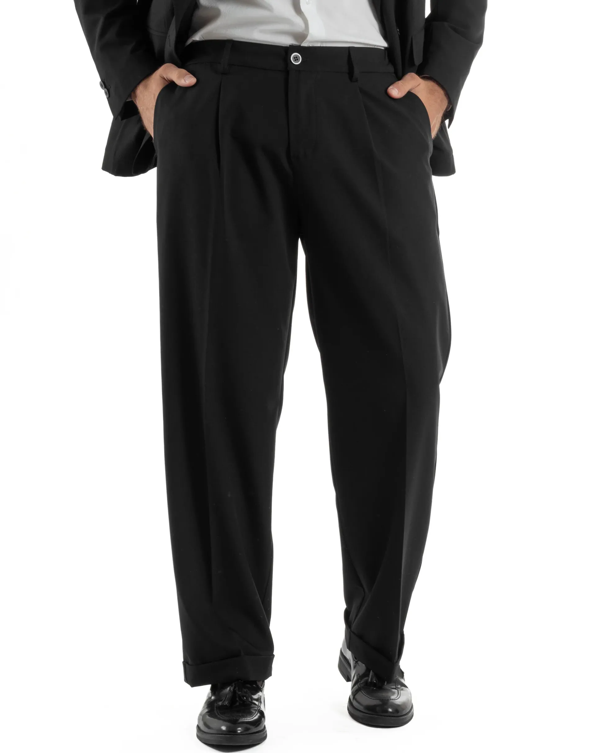 Abito uomo doppiopetto completo giacca 2 bottoni pantaloni baggy nero BlackSunday AE1263A