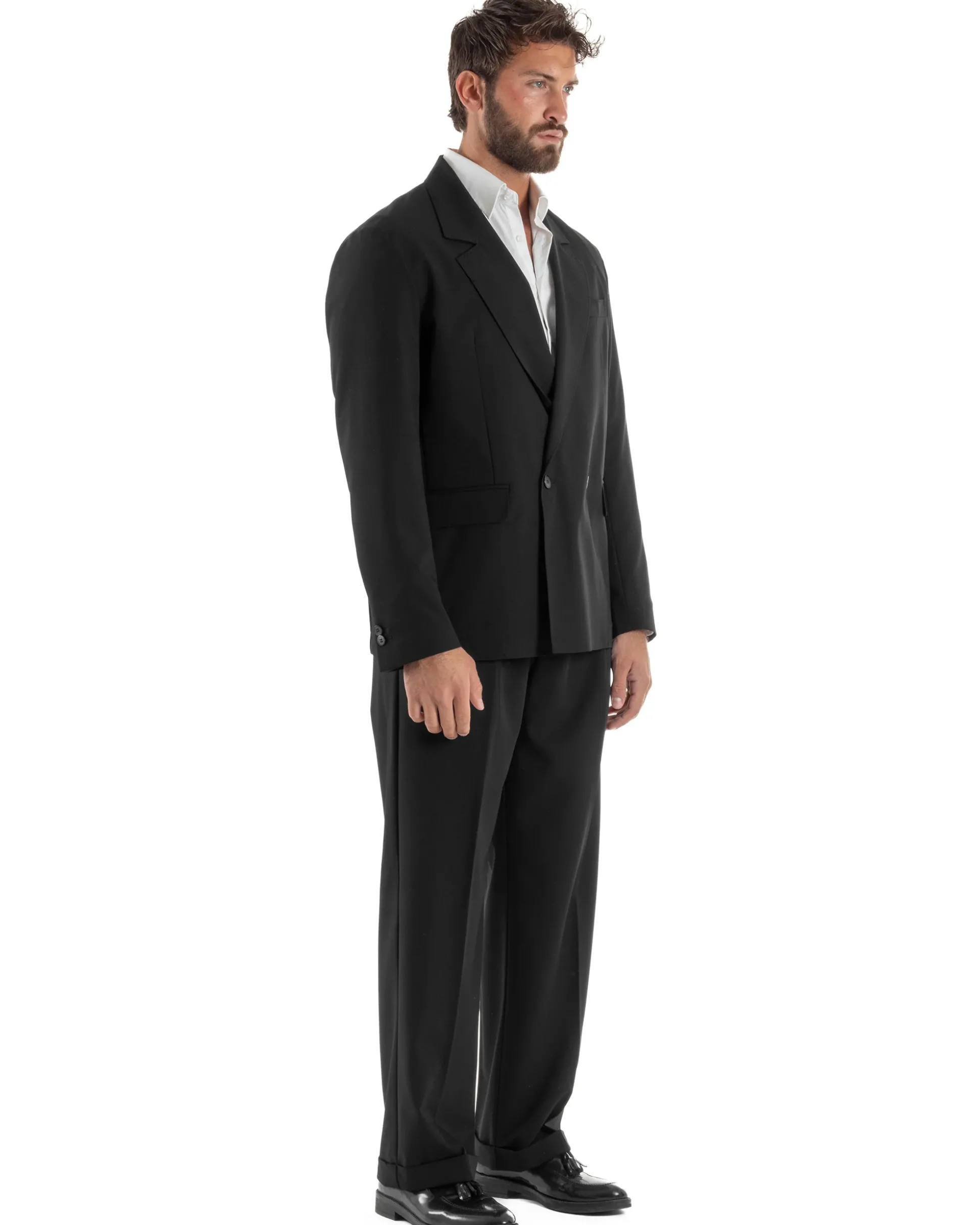 Abito uomo doppiopetto completo giacca 2 bottoni pantaloni baggy nero BlackSunday AE1263A