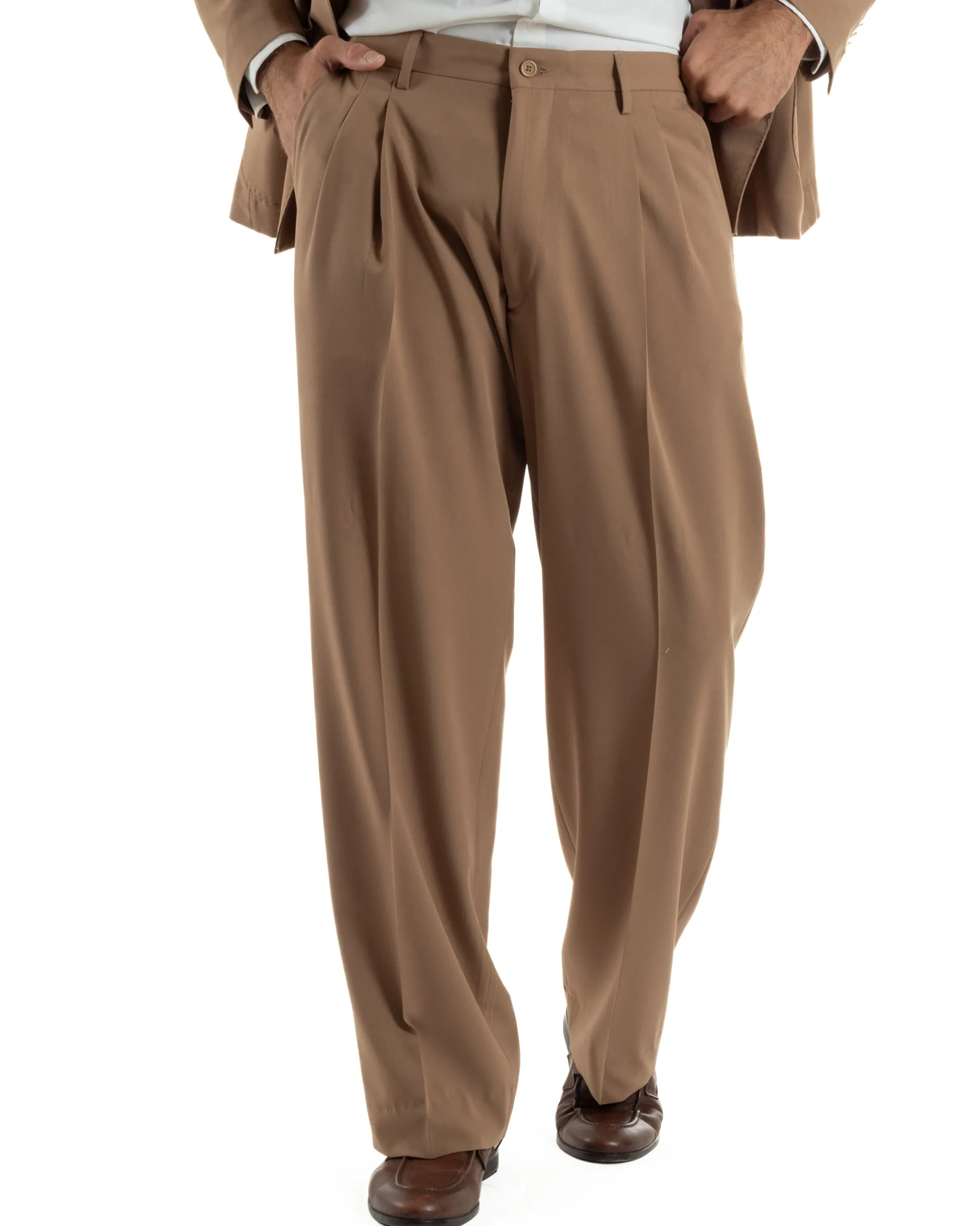 Abito uomo doppiopetto completo oversize giacca bottoni oro pantaloni baggy marrone BlackSunday AE1260A