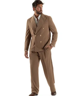 Abito uomo doppiopetto completo oversize giacca bottoni oro pantaloni baggy marrone BlackSunday AE1260A