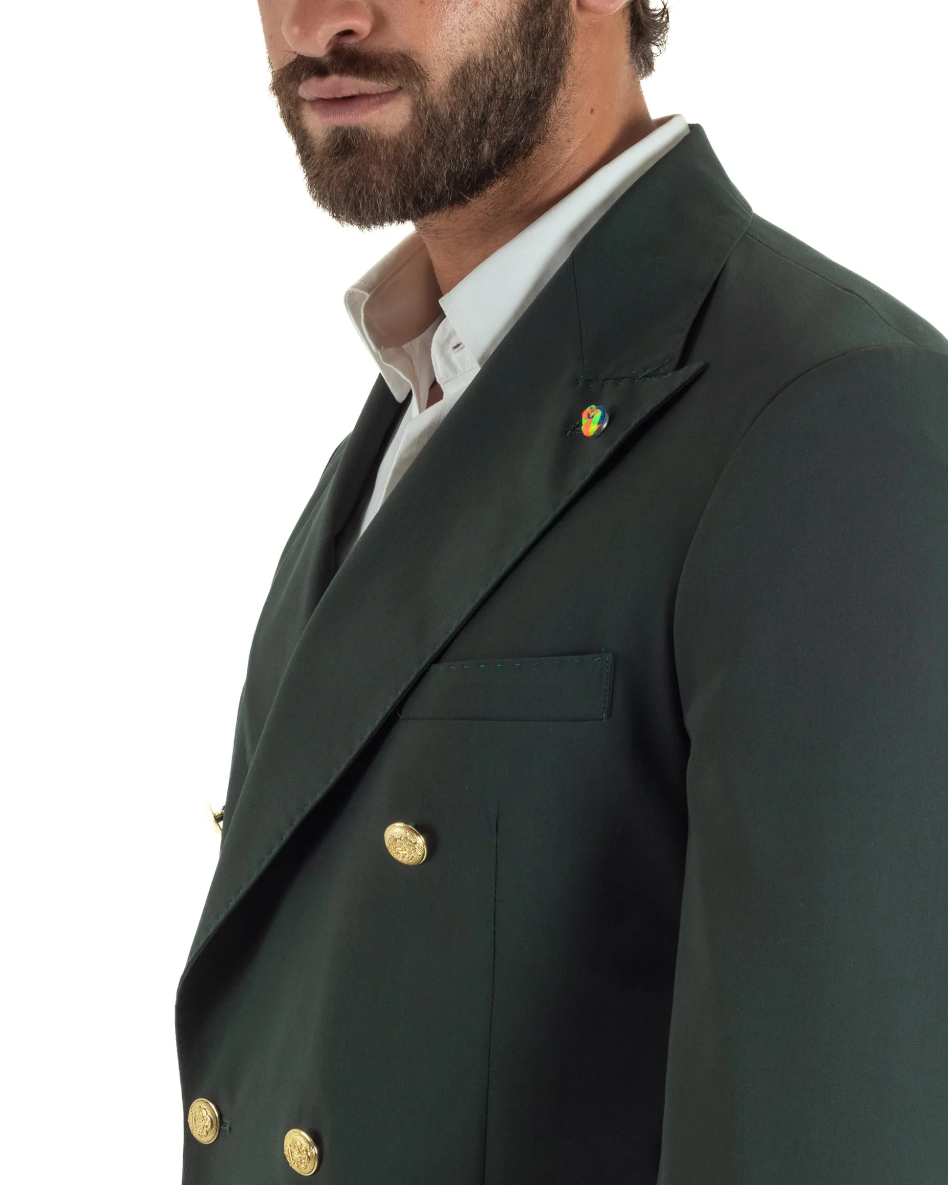 Abito uomo doppiopetto completo oversize giacca bottoni oro pantaloni baggy verde BlackSunday AE1261A