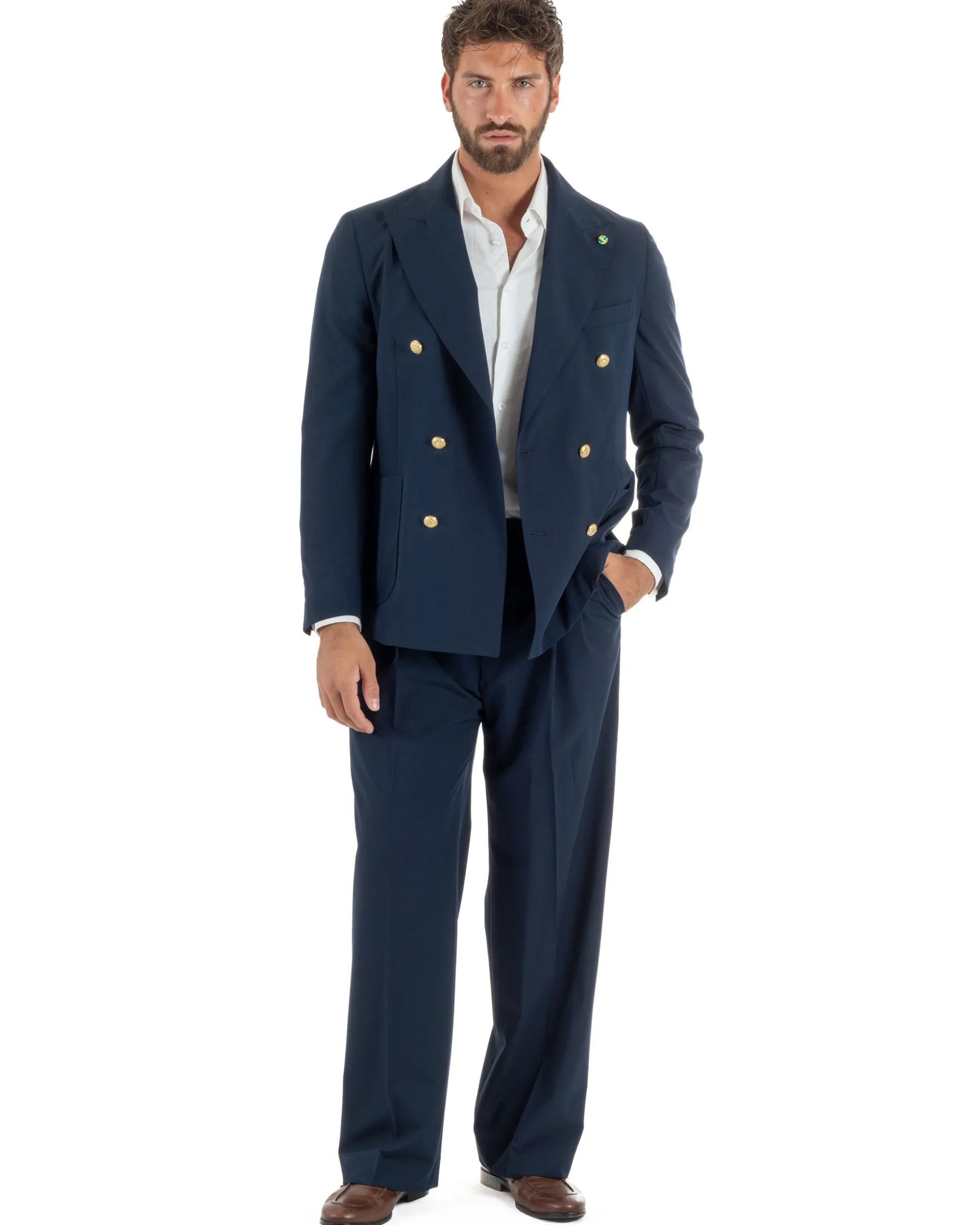 Abito uomo doppiopetto completo oversize giacca bottoni oro pantaloni baggy blu BlackSunday AE1262A
