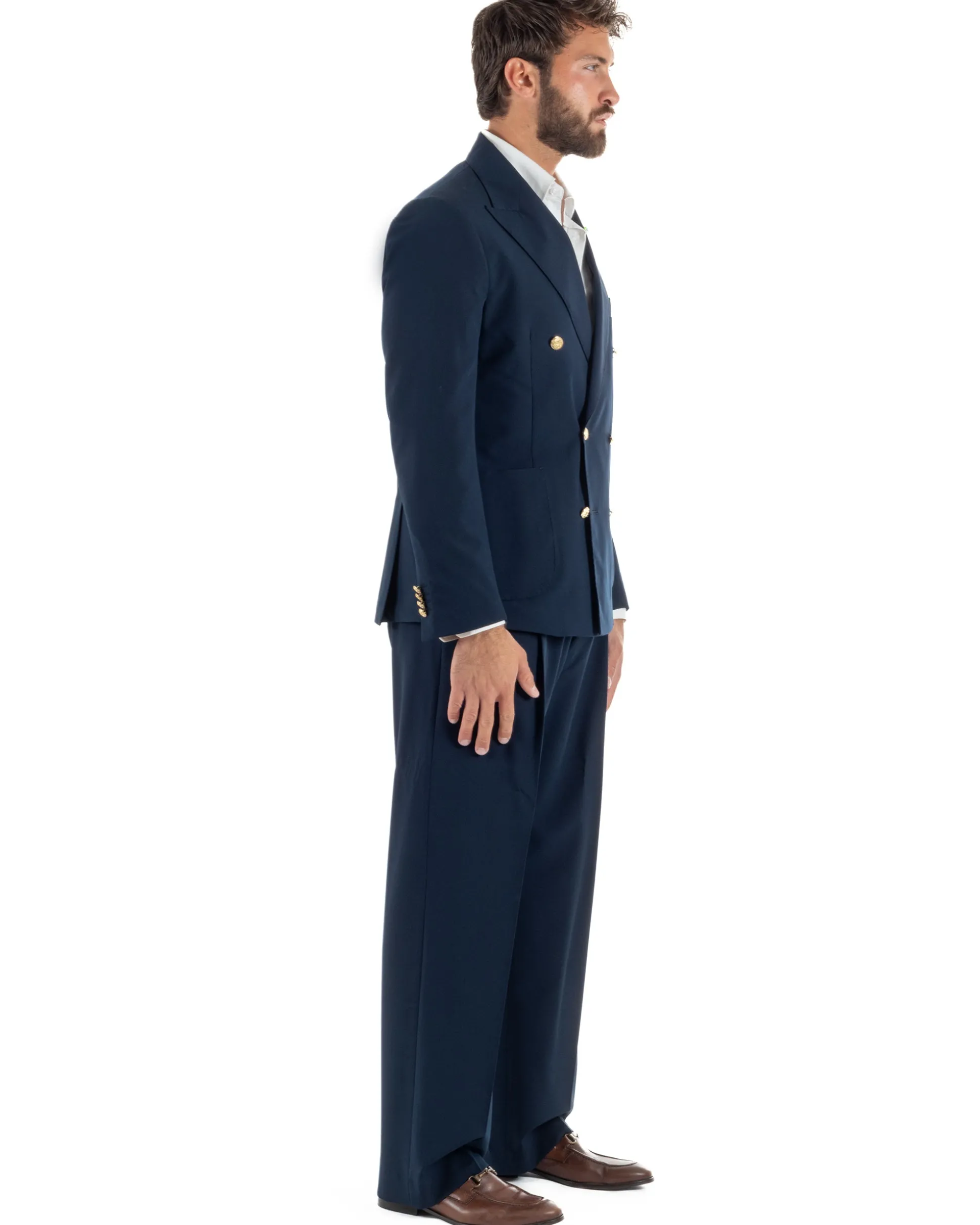 Abito uomo doppiopetto completo oversize giacca bottoni oro pantaloni baggy blu BlackSunday AE1262A