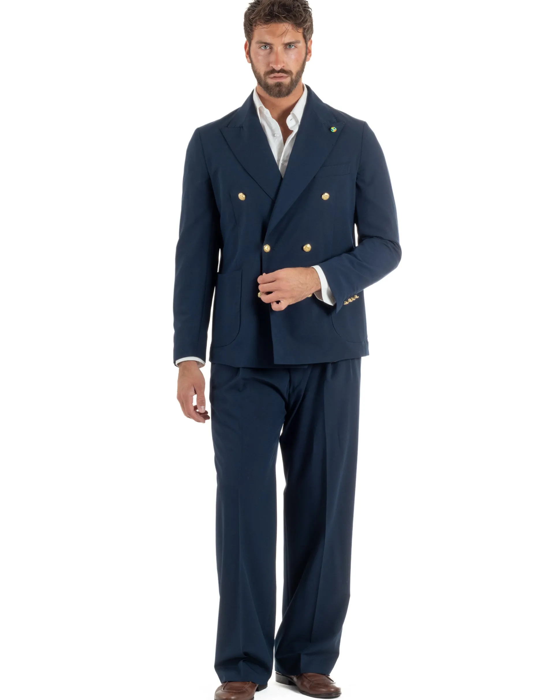 Abito uomo doppiopetto completo oversize giacca bottoni oro pantaloni baggy blu BlackSunday AE1262A