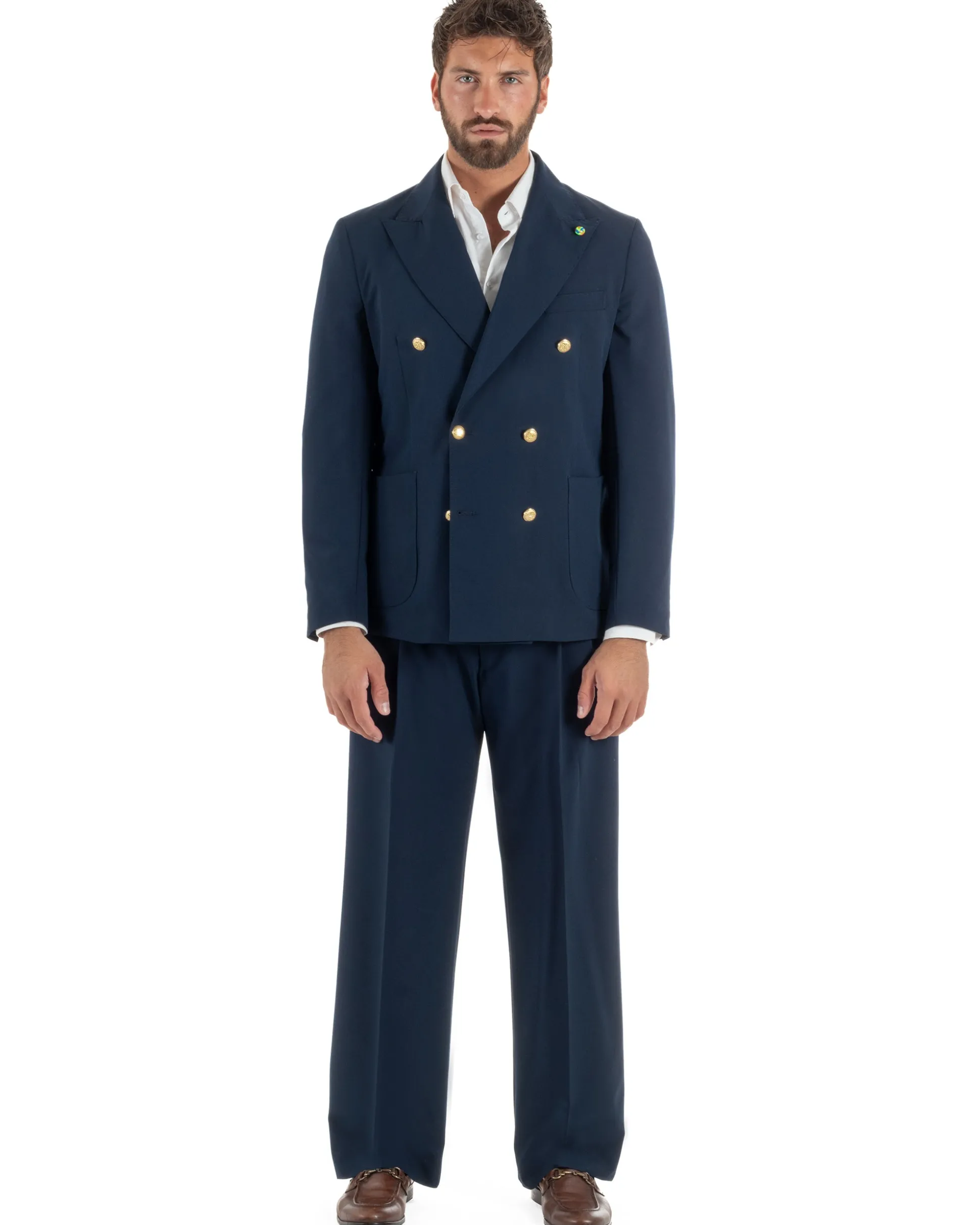 Abito uomo doppiopetto completo oversize giacca bottoni oro pantaloni baggy blu BlackSunday AE1262A
