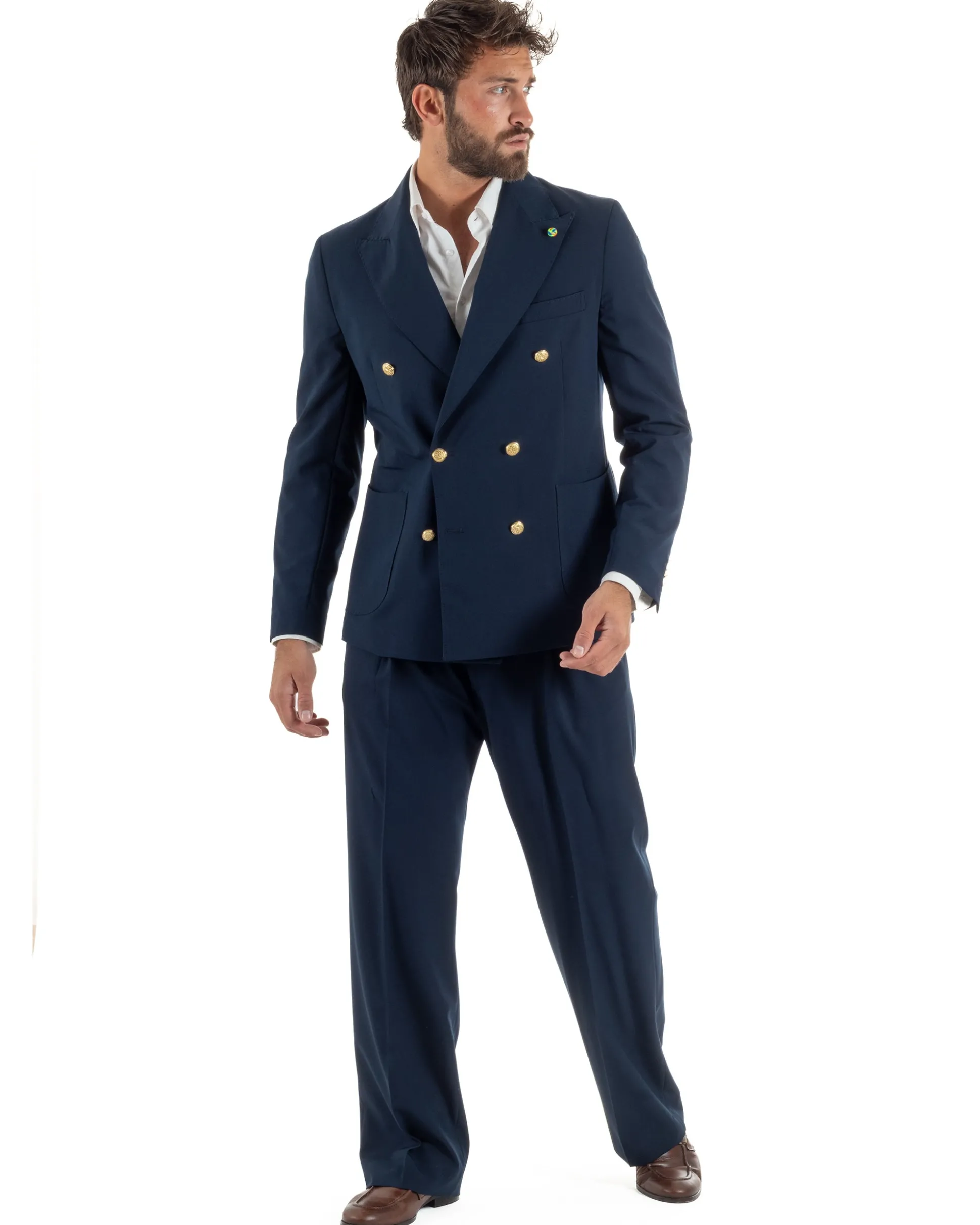 Abito uomo doppiopetto completo oversize giacca bottoni oro pantaloni baggy blu BlackSunday AE1262A