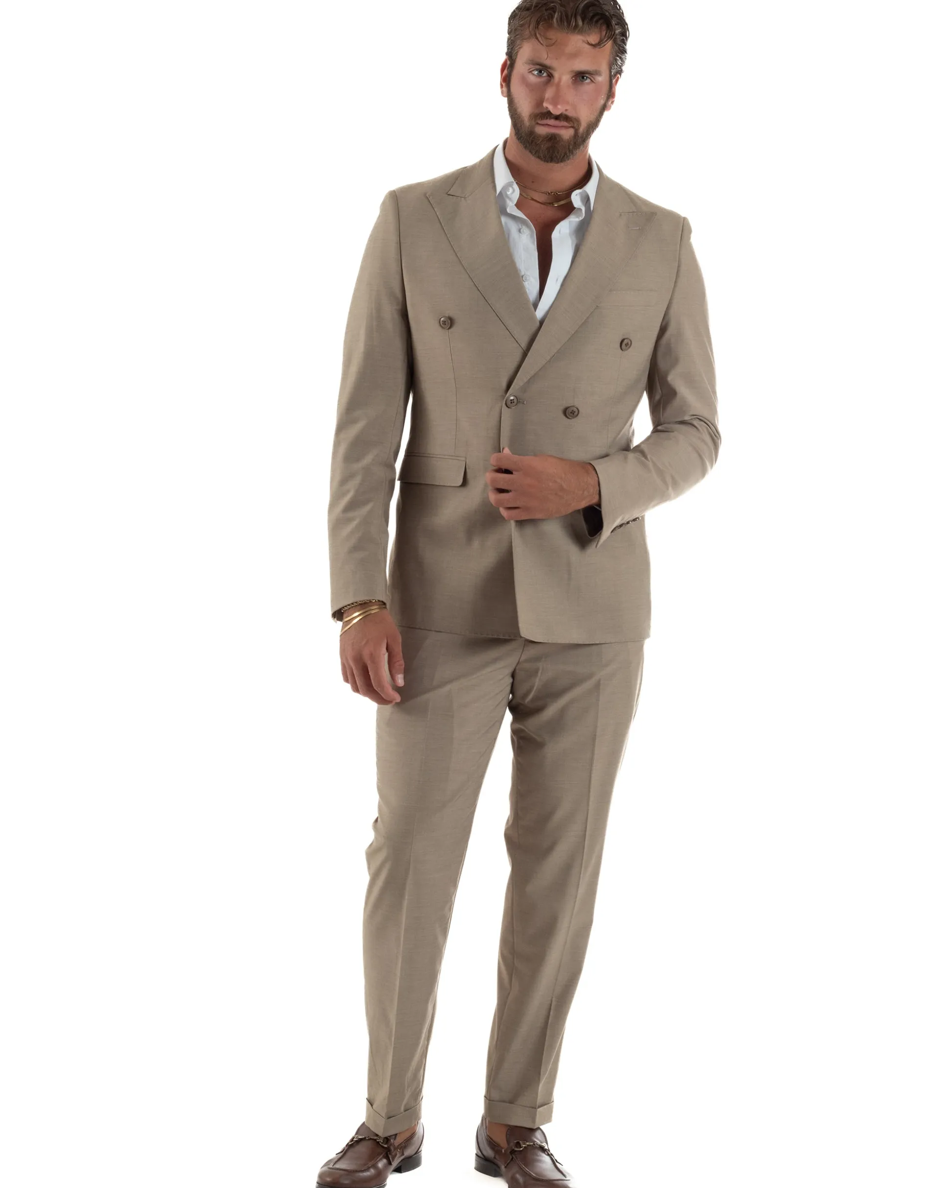 Abito uomo doppiopetto completo viscosa giacca pantaloni elegante fango melangiato GIOSAL-AE1268A