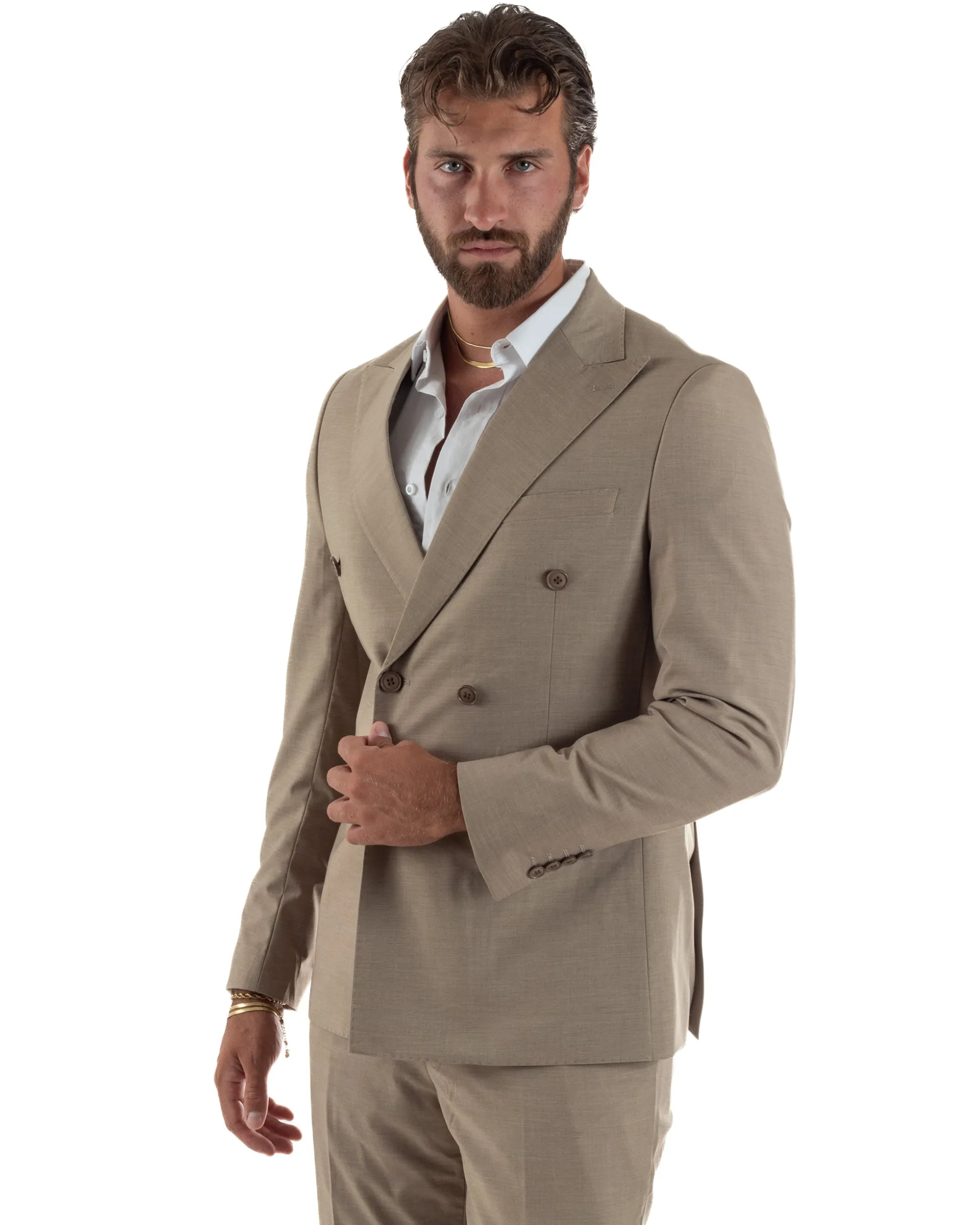 Abito uomo doppiopetto completo viscosa giacca pantaloni elegante fango melangiato GIOSAL-AE1268A