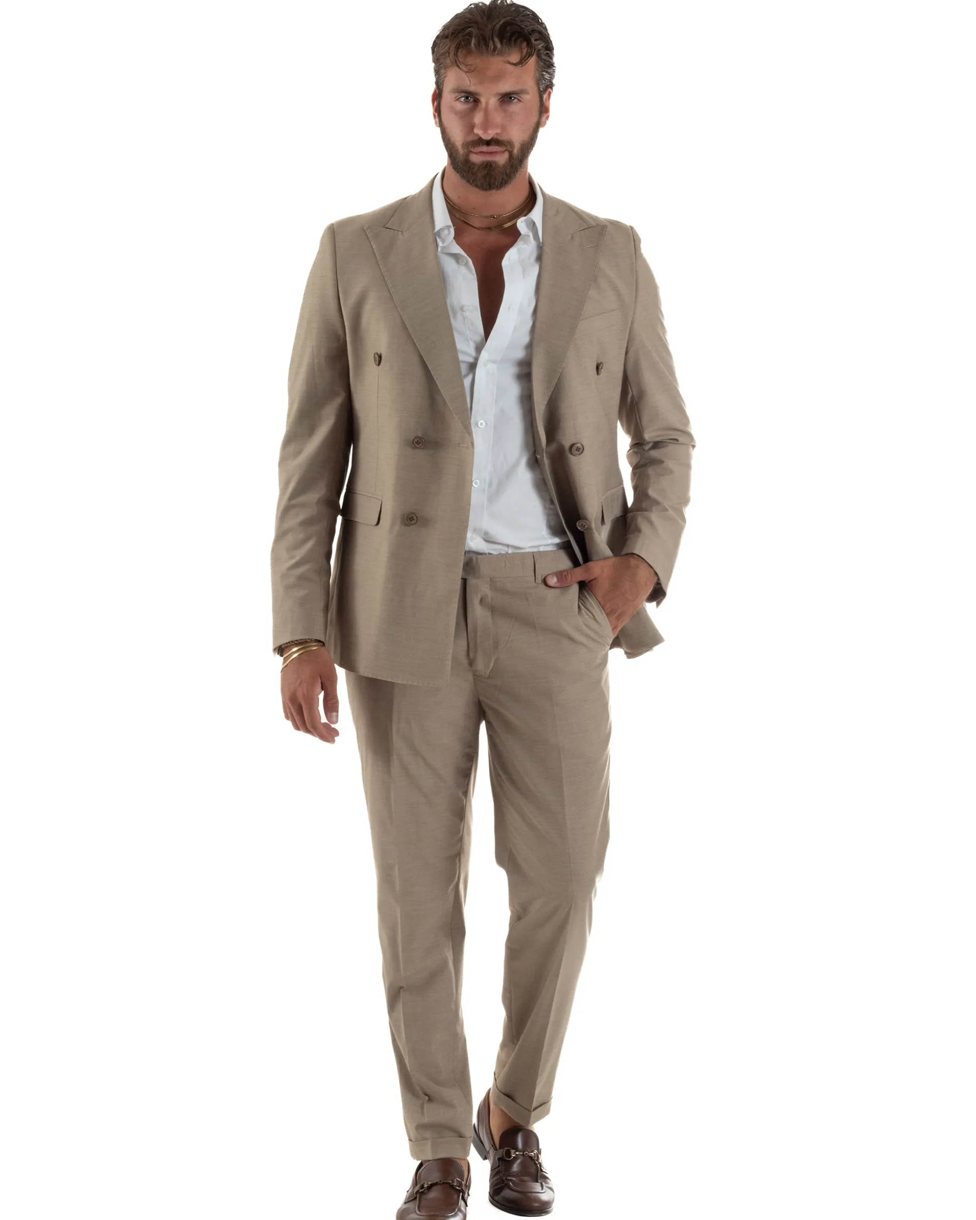 Abito uomo doppiopetto completo viscosa giacca pantaloni elegante fango melangiato GIOSAL-AE1268A