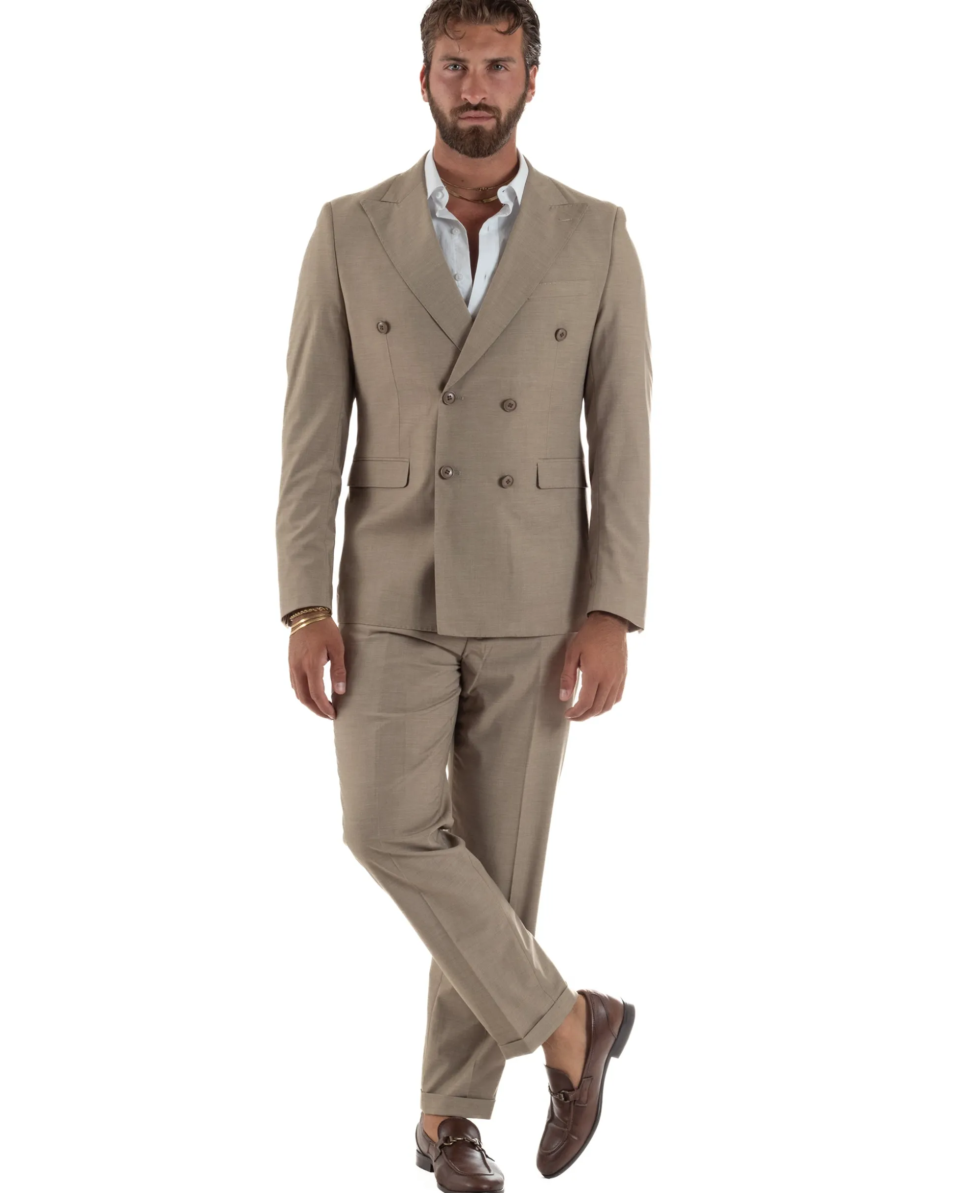 Abito uomo doppiopetto completo viscosa giacca pantaloni elegante fango melangiato GIOSAL-AE1268A