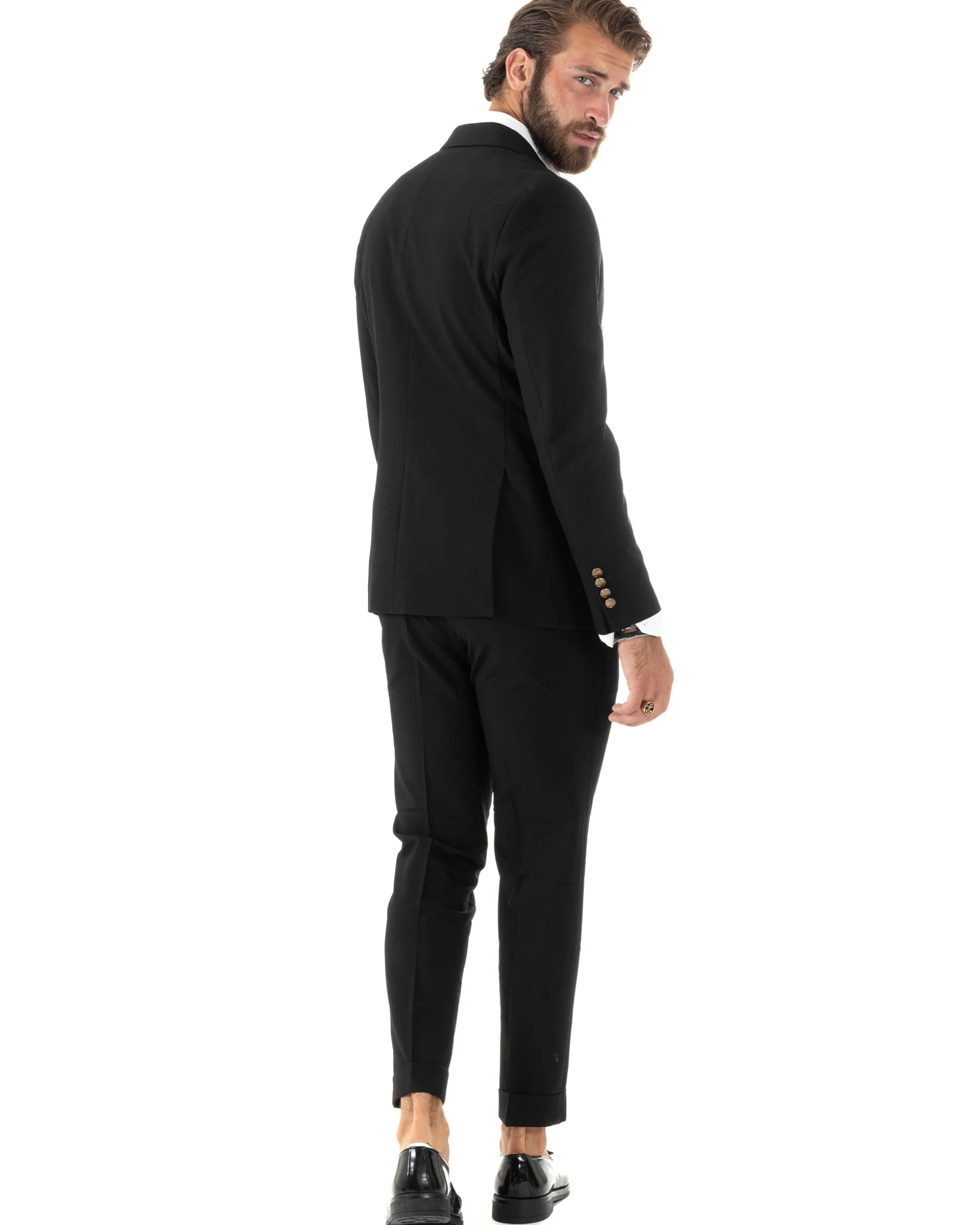 Abito uomo doppiopetto completo giacca pantaloni bottoni metallo nero melangiato elegante GIOSAL-AE1081A