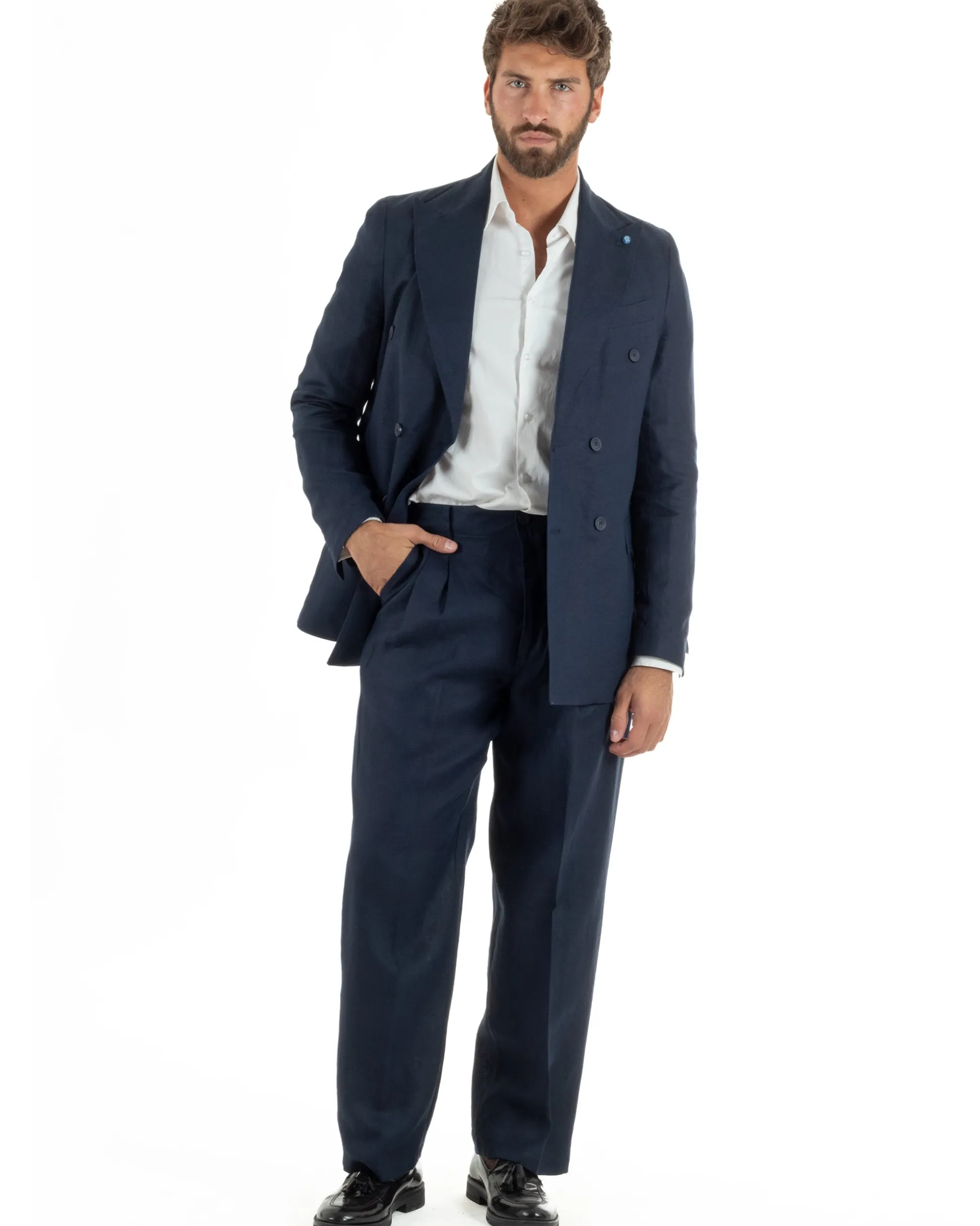 Abito uomo doppiopetto lino completo giacca pantaloni baggy pinces blu GIOSAL-AE1259A