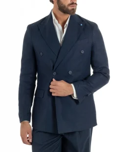 Abito uomo doppiopetto lino completo giacca pantaloni baggy pinces blu GIOSAL-AE1259A
