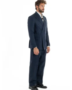 Abito uomo doppiopetto lino completo giacca pantaloni baggy pinces blu GIOSAL-AE1259A