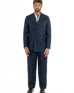 Abito uomo doppiopetto lino completo giacca pantaloni baggy pinces blu GIOSAL-AE1259A