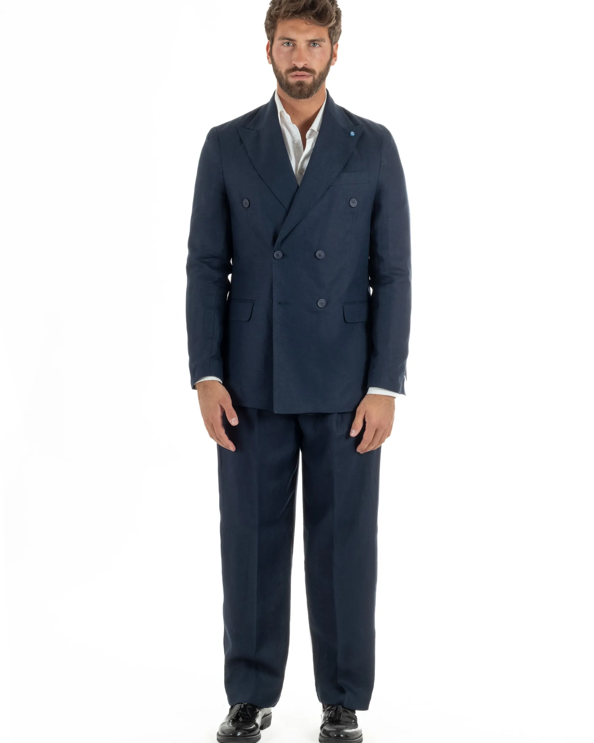 Abito uomo doppiopetto lino completo giacca pantaloni baggy pinces blu GIOSAL-AE1259A