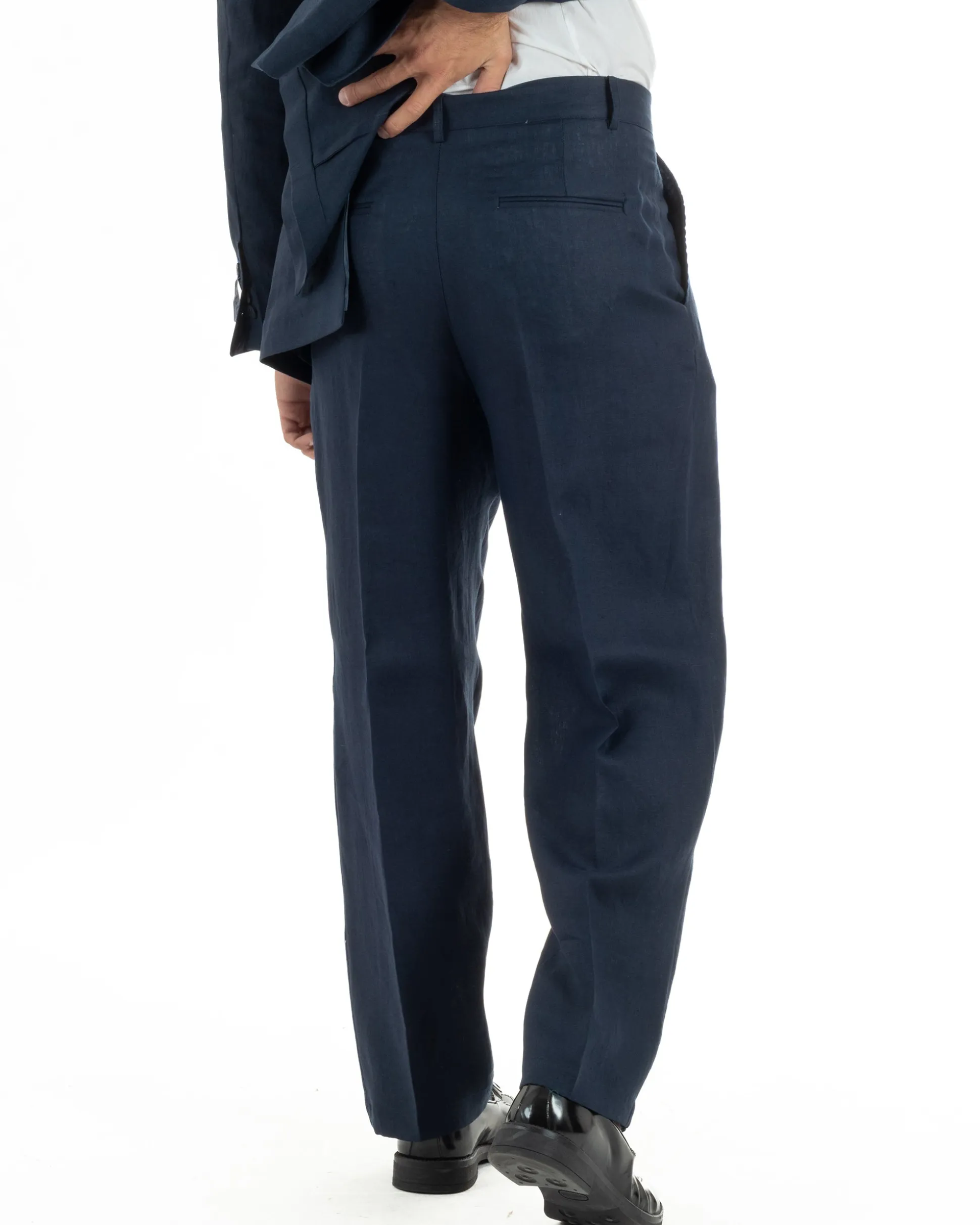 Abito uomo doppiopetto lino completo giacca pantaloni baggy pinces blu GIOSAL-AE1259A
