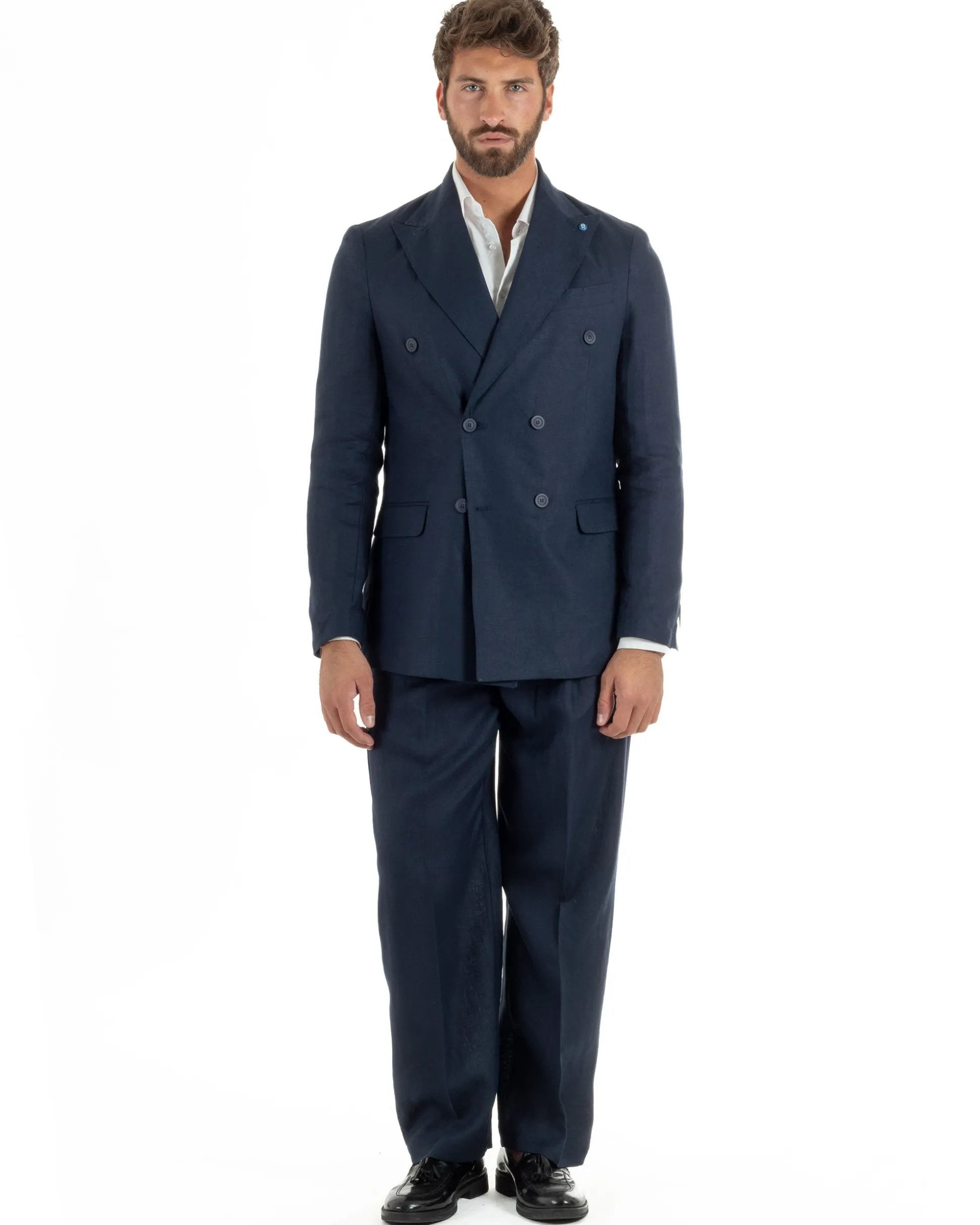 Abito uomo doppiopetto lino completo giacca pantaloni baggy pinces blu GIOSAL-AE1259A