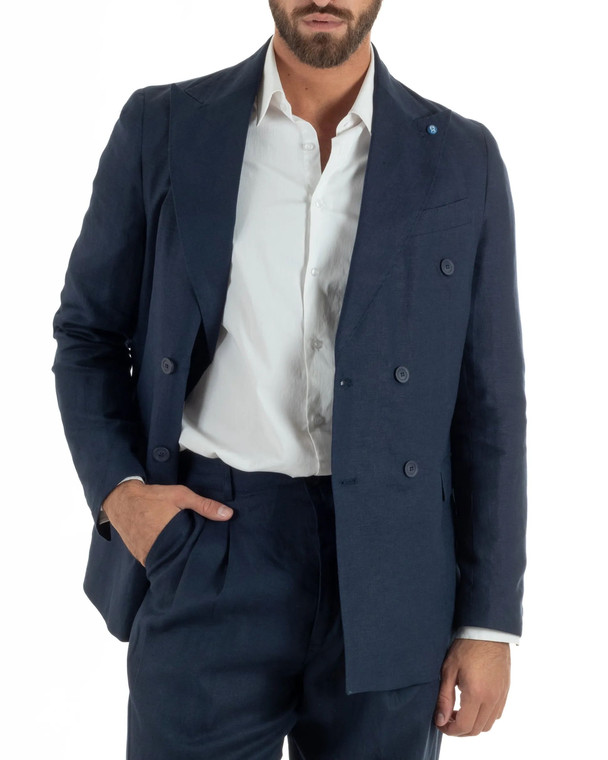 Abito uomo doppiopetto lino completo giacca pantaloni baggy pinces blu GIOSAL-AE1259A