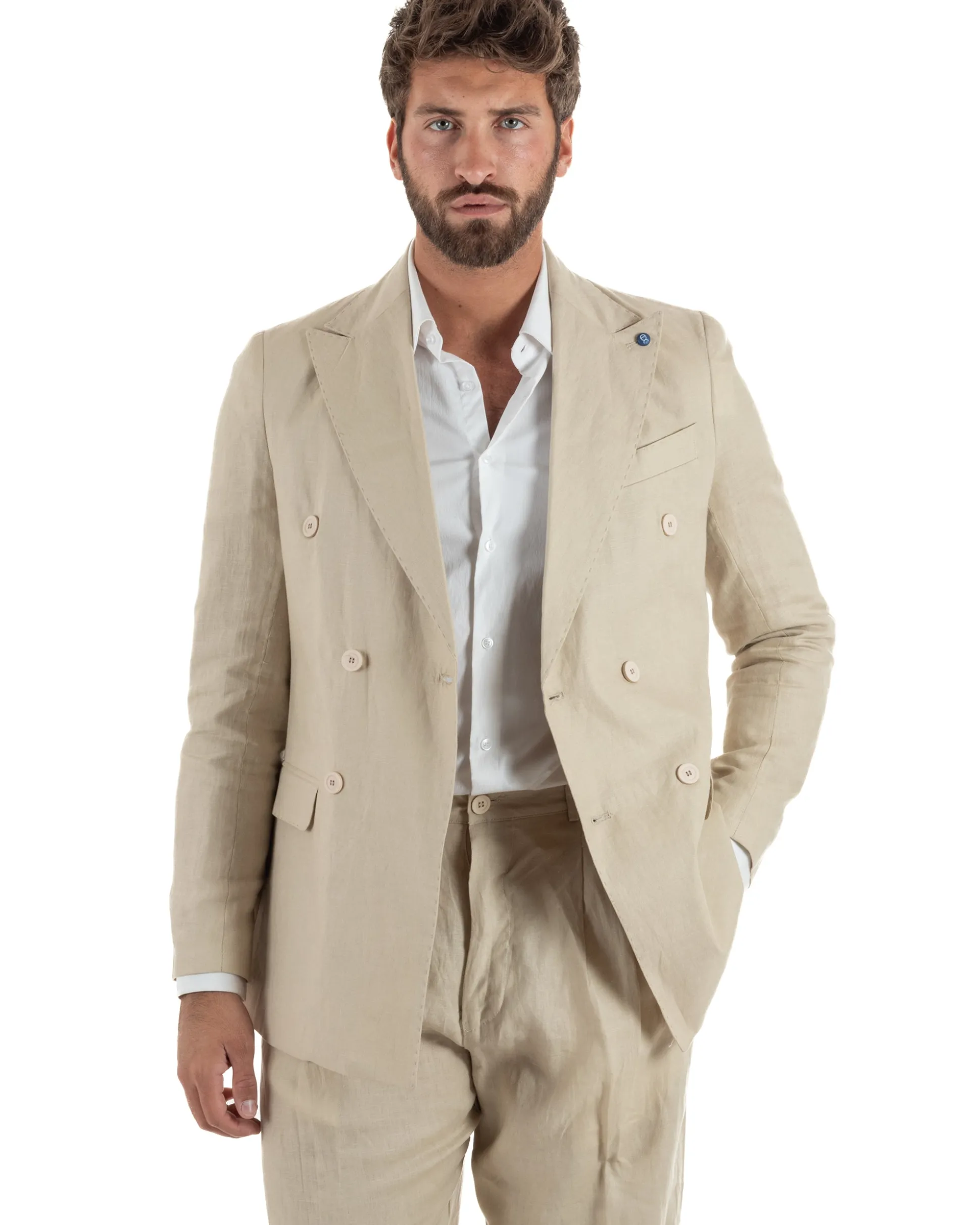 Abito uomo doppiopetto lino completo giacca pantaloni baggy pinces beige GIOSAL-AE1258A