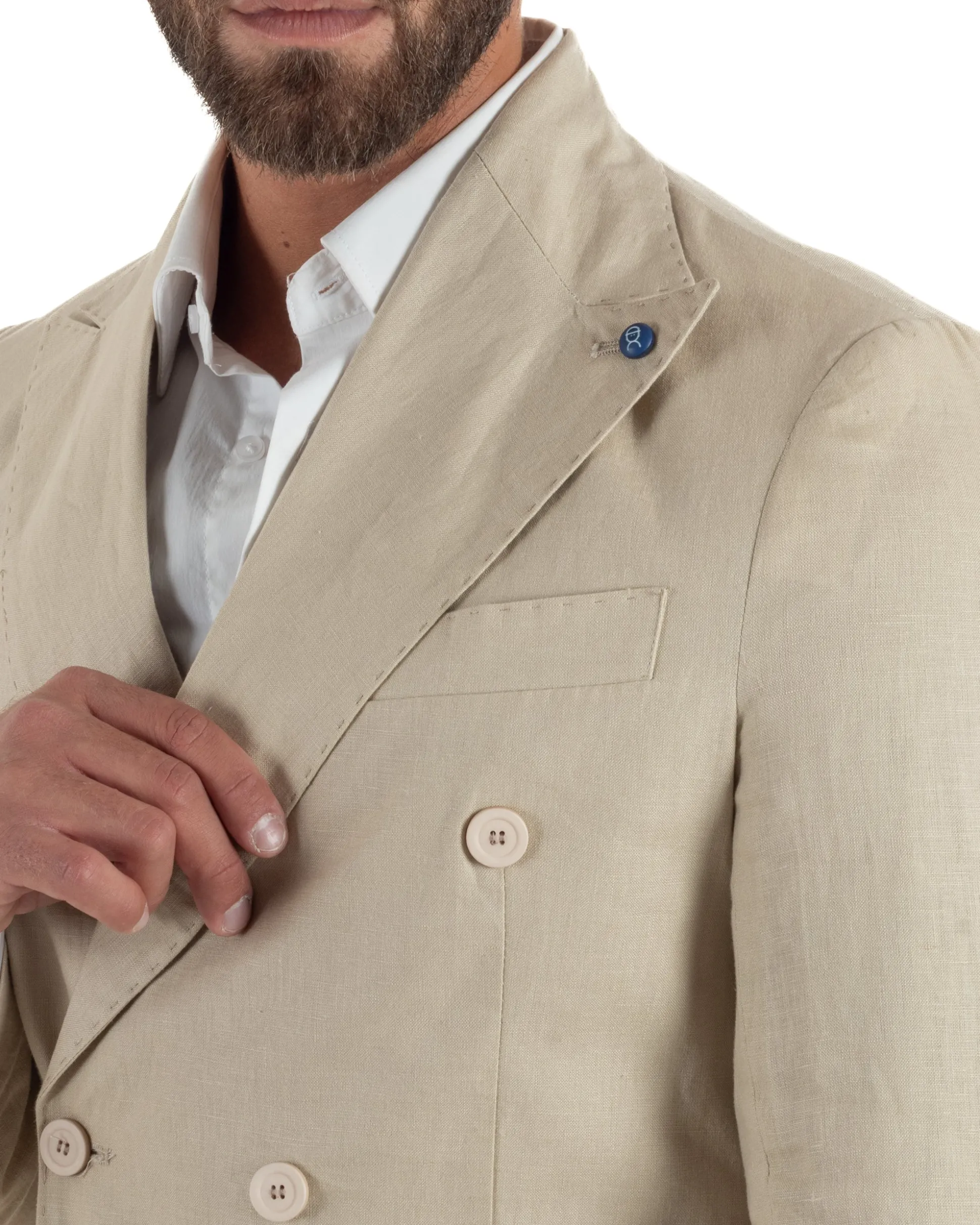 Abito uomo doppiopetto lino completo giacca pantaloni baggy pinces beige GIOSAL-AE1258A