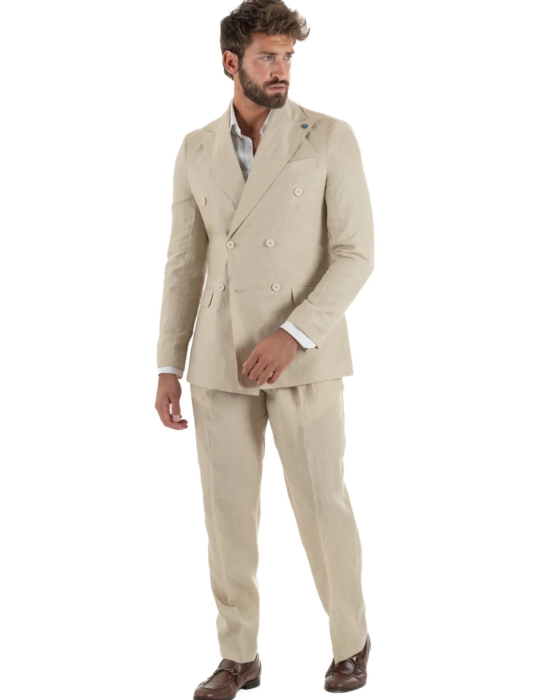 Abito uomo doppiopetto lino completo giacca pantaloni baggy pinces beige GIOSAL-AE1258A