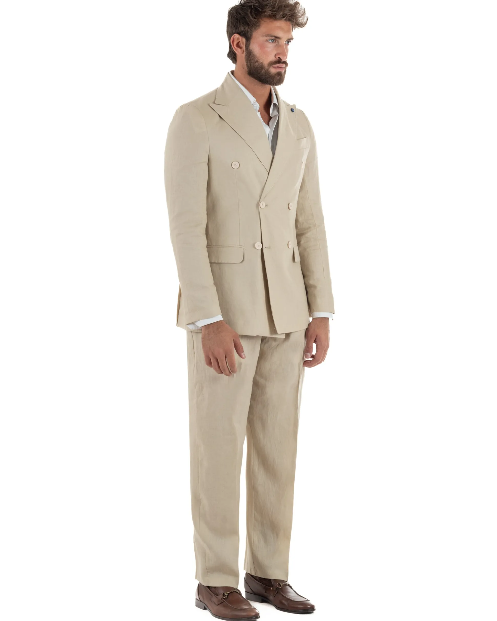 Abito uomo doppiopetto lino completo giacca pantaloni baggy pinces beige GIOSAL-AE1258A