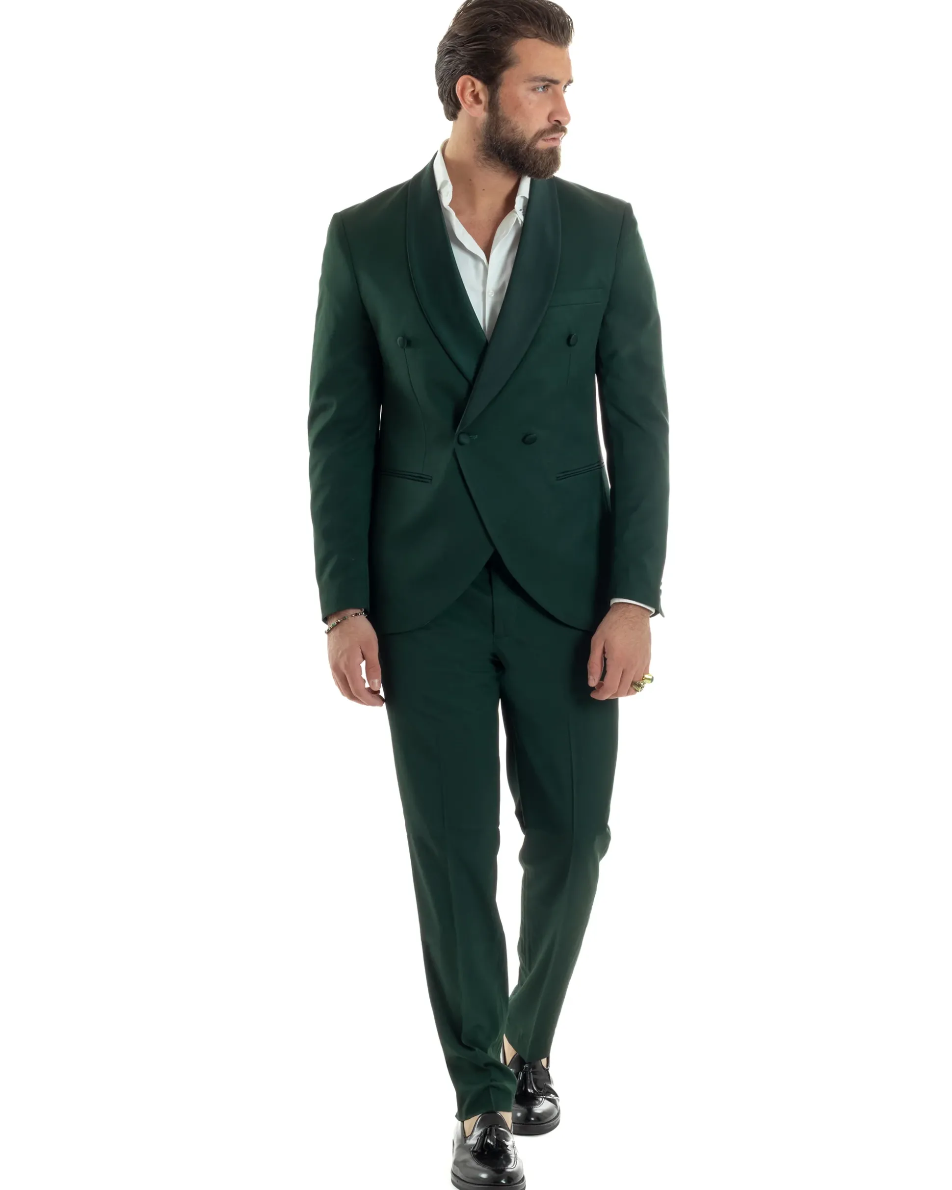 Abito Uomo Doppiopetto Quattro Bottoni Vestito Completo Smoking Rever Sciallato Raso Verde AE1111A