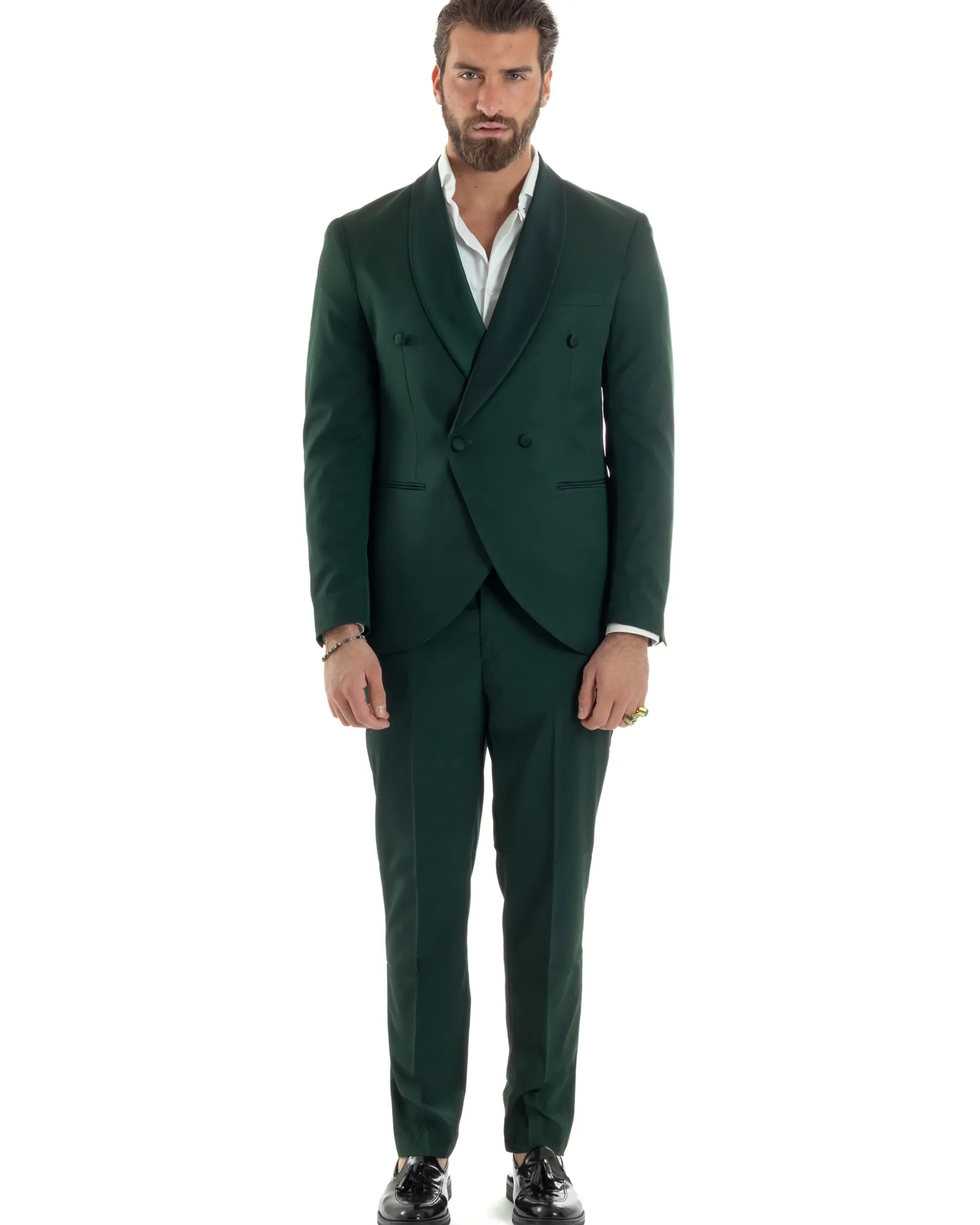 Abito Uomo Doppiopetto Quattro Bottoni Vestito Completo Smoking Rever Sciallato Raso Verde AE1111A