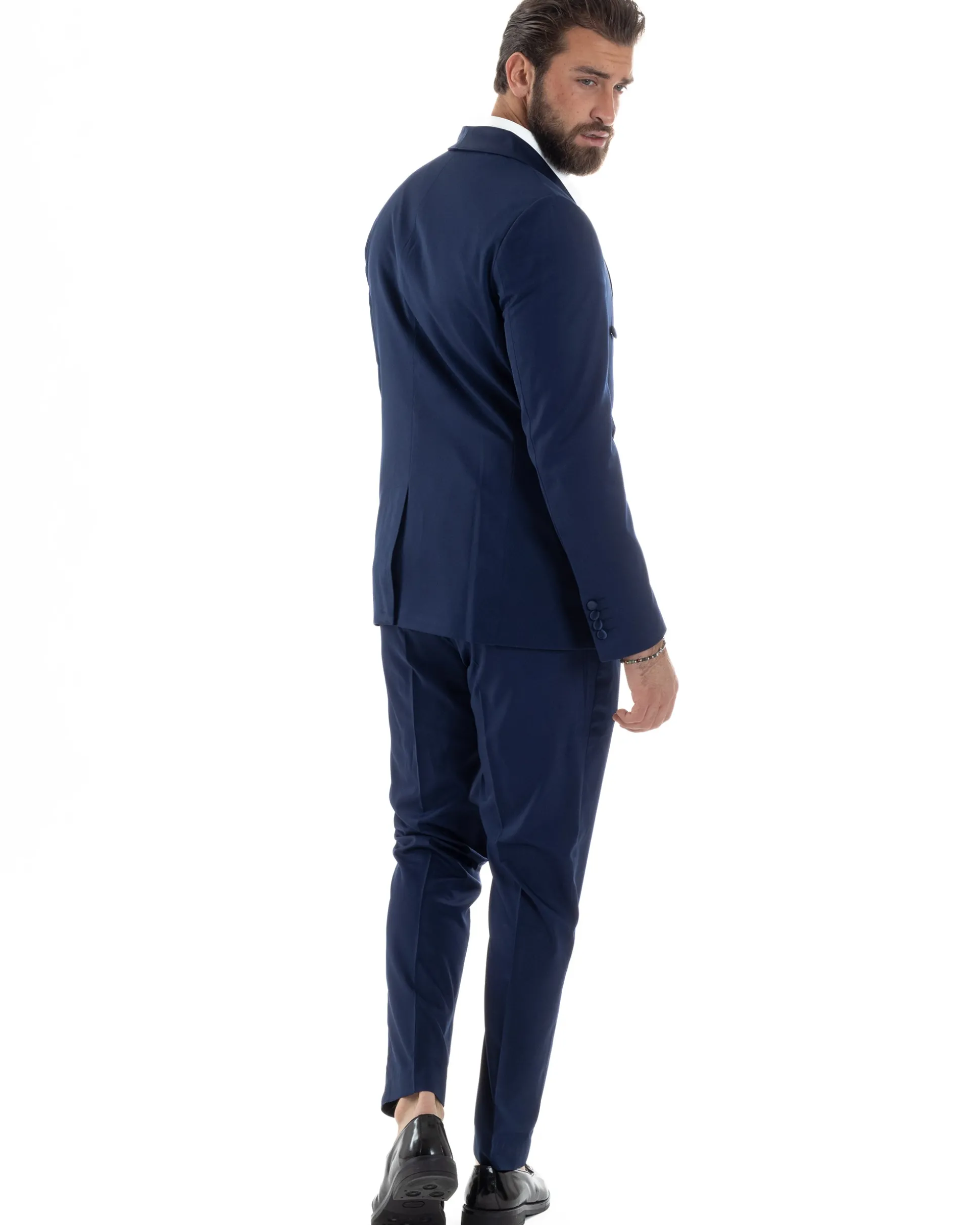 Abito Uomo Doppiopetto Quattro Bottoni Vestito Completo Smoking Rever Sciallato Raso Blu AE1112A
